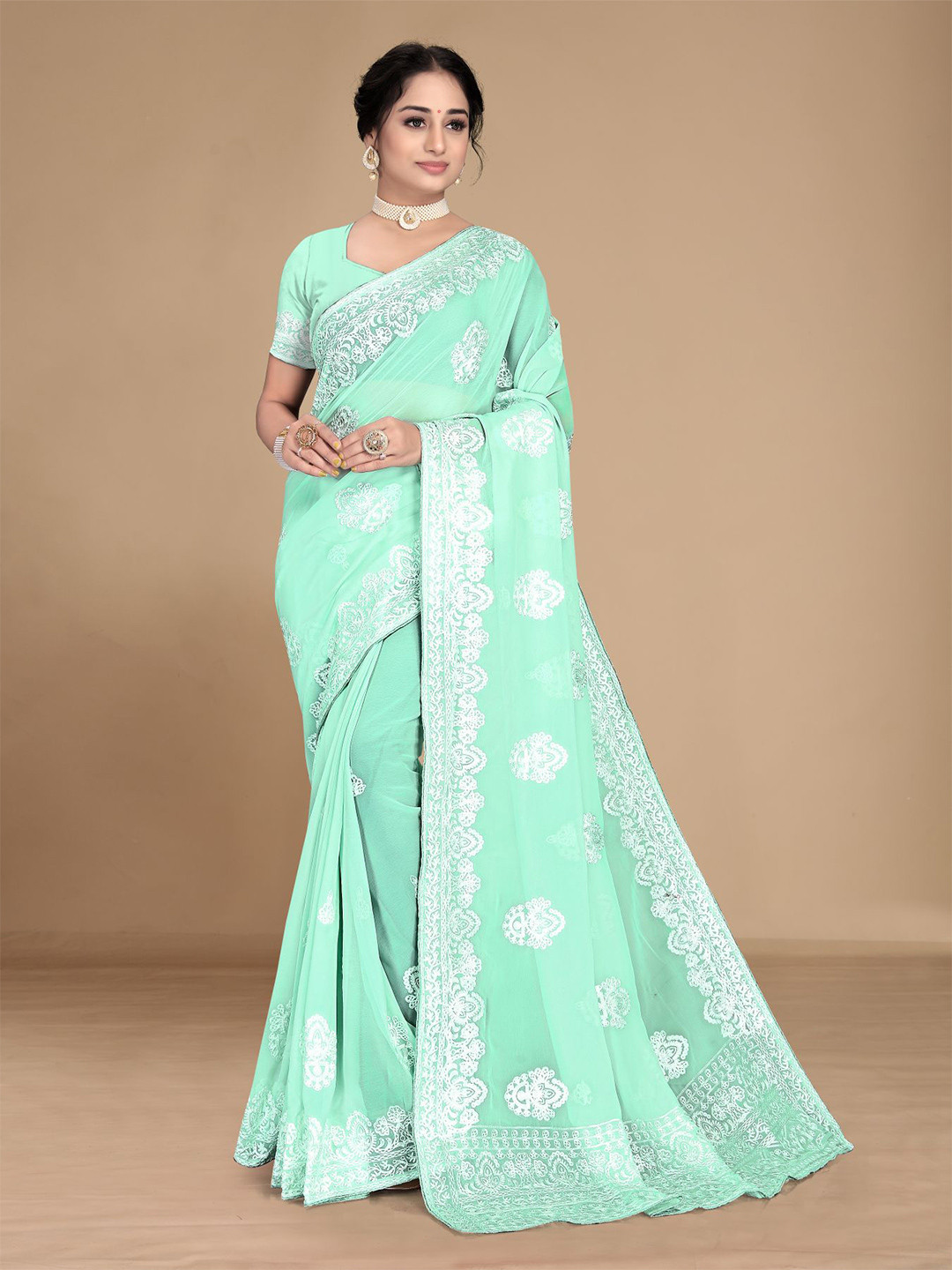 

HERE&NOW Teal & White Ethnic Motifs Chikankari Saree