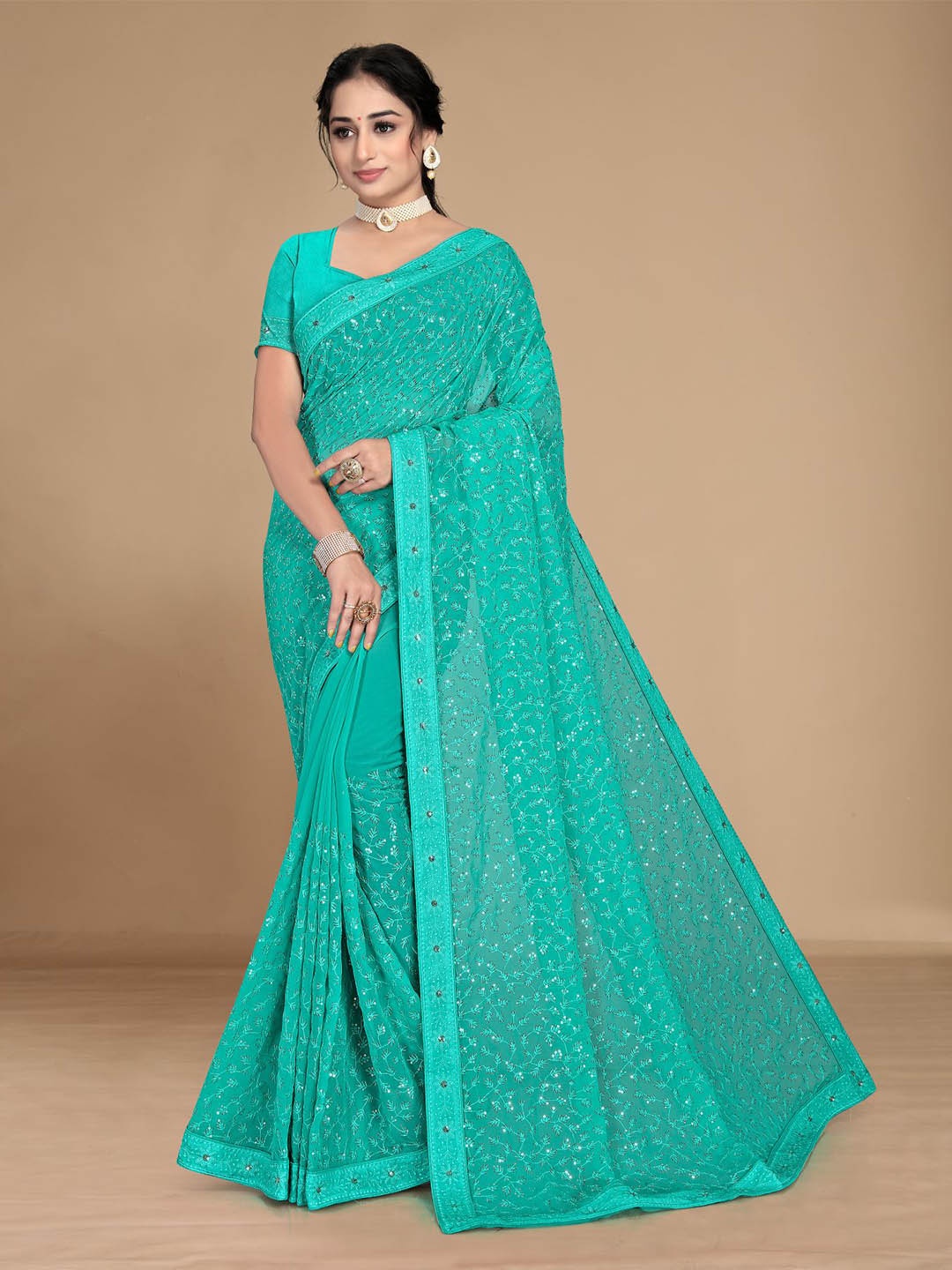 

HERE&NOW Teal Floral Embroidered Saree