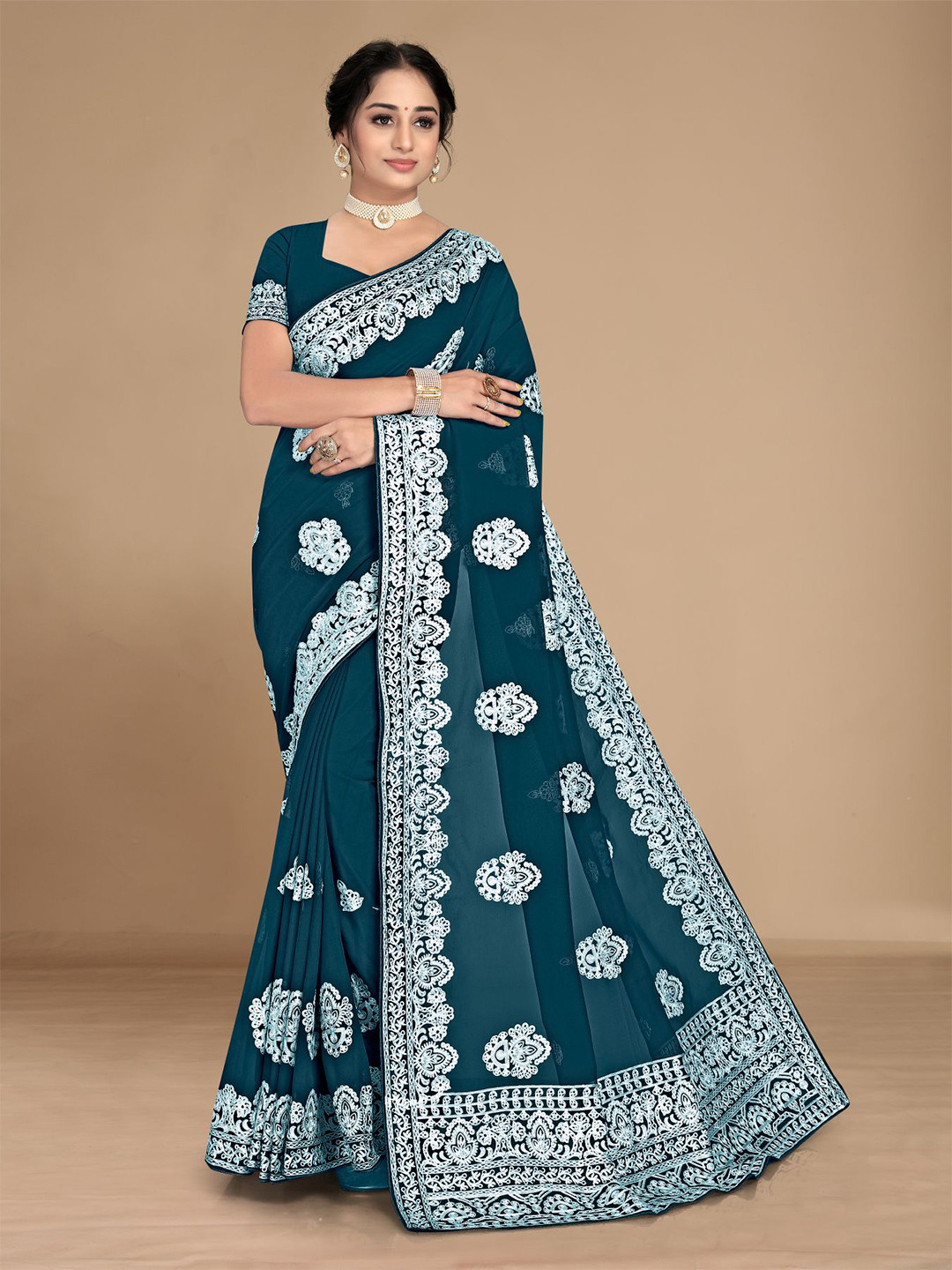 

HERE&NOW Turquoise Blue & White Ethnic Motifs Embroidered Saree