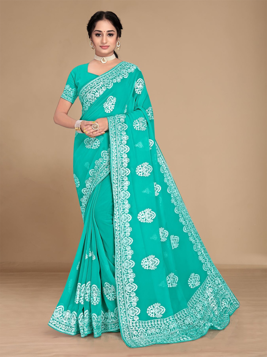 

HERE&NOW Blue & White Ethnic Motifs Chikankari Saree