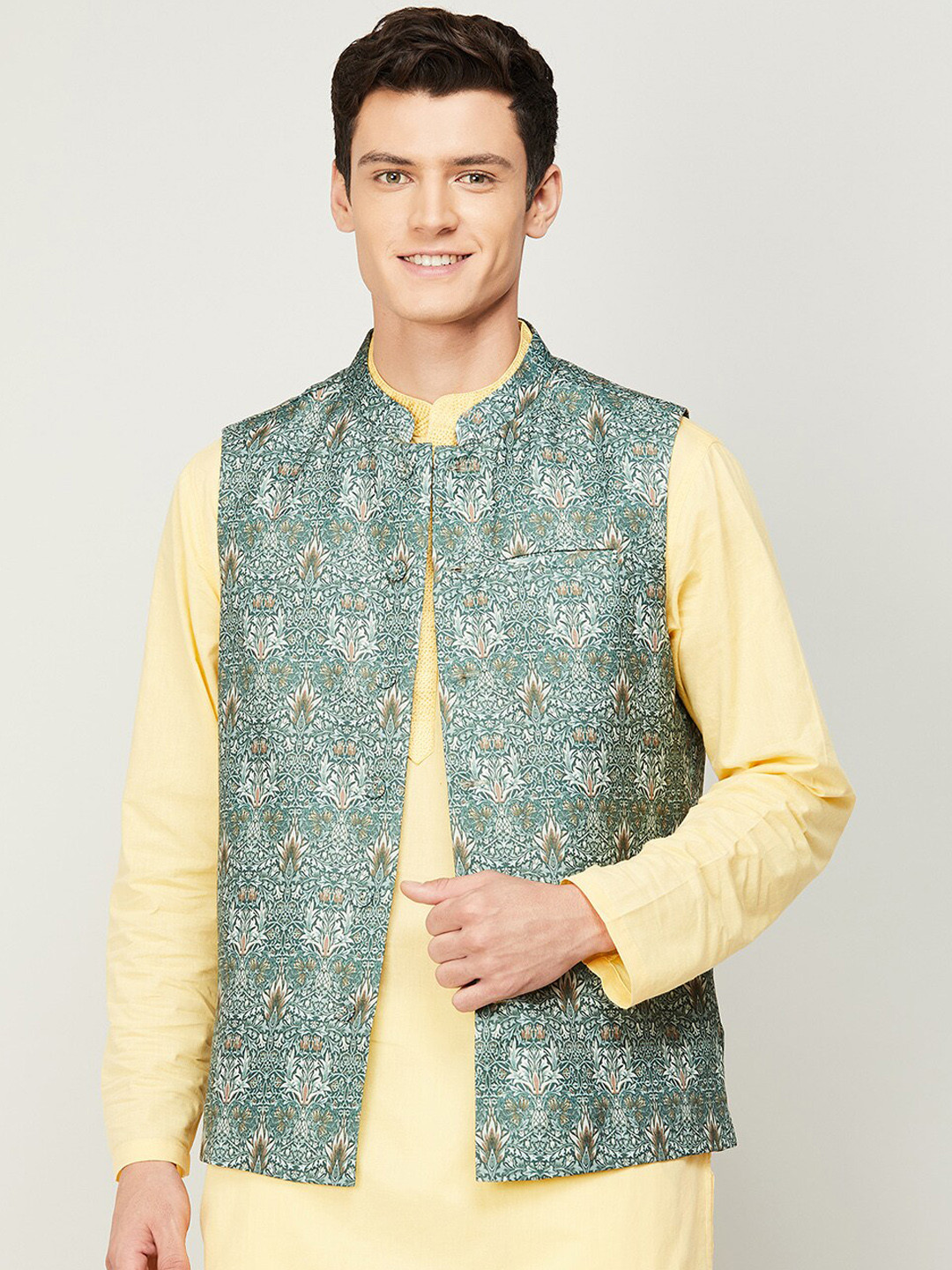 

Melange by Lifestyle Men Olive Green Printed Cotton Nehru Jacket