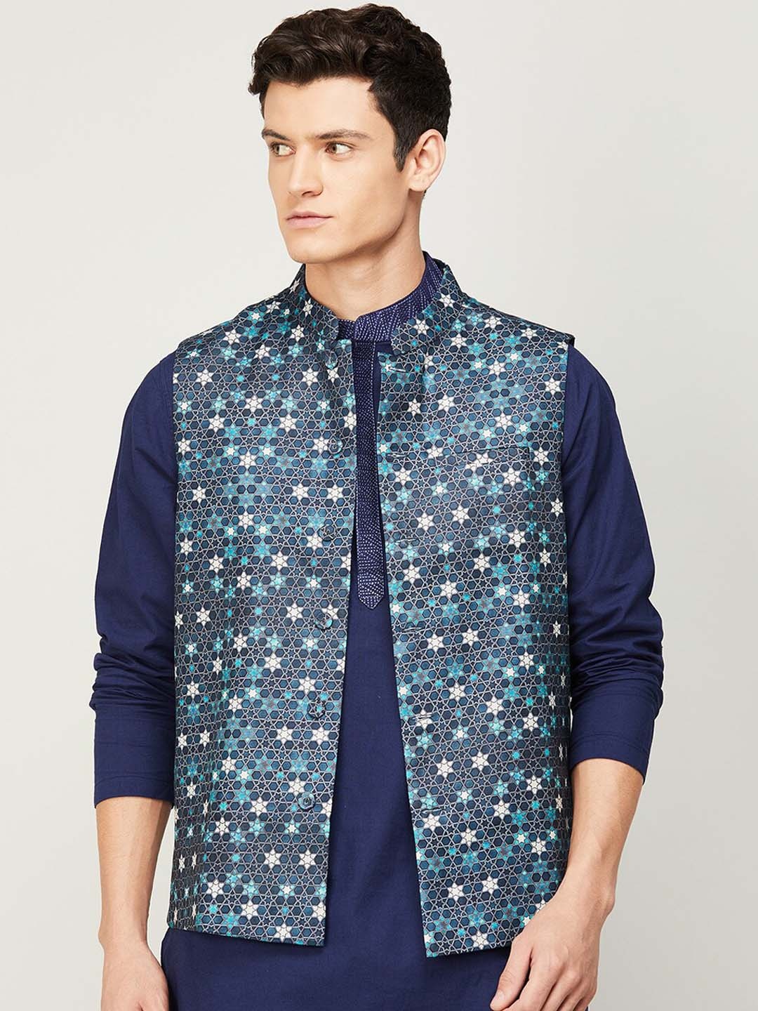 

Melange by Lifestyle Men Navy Blue Printed Cotton Nehru Jacket