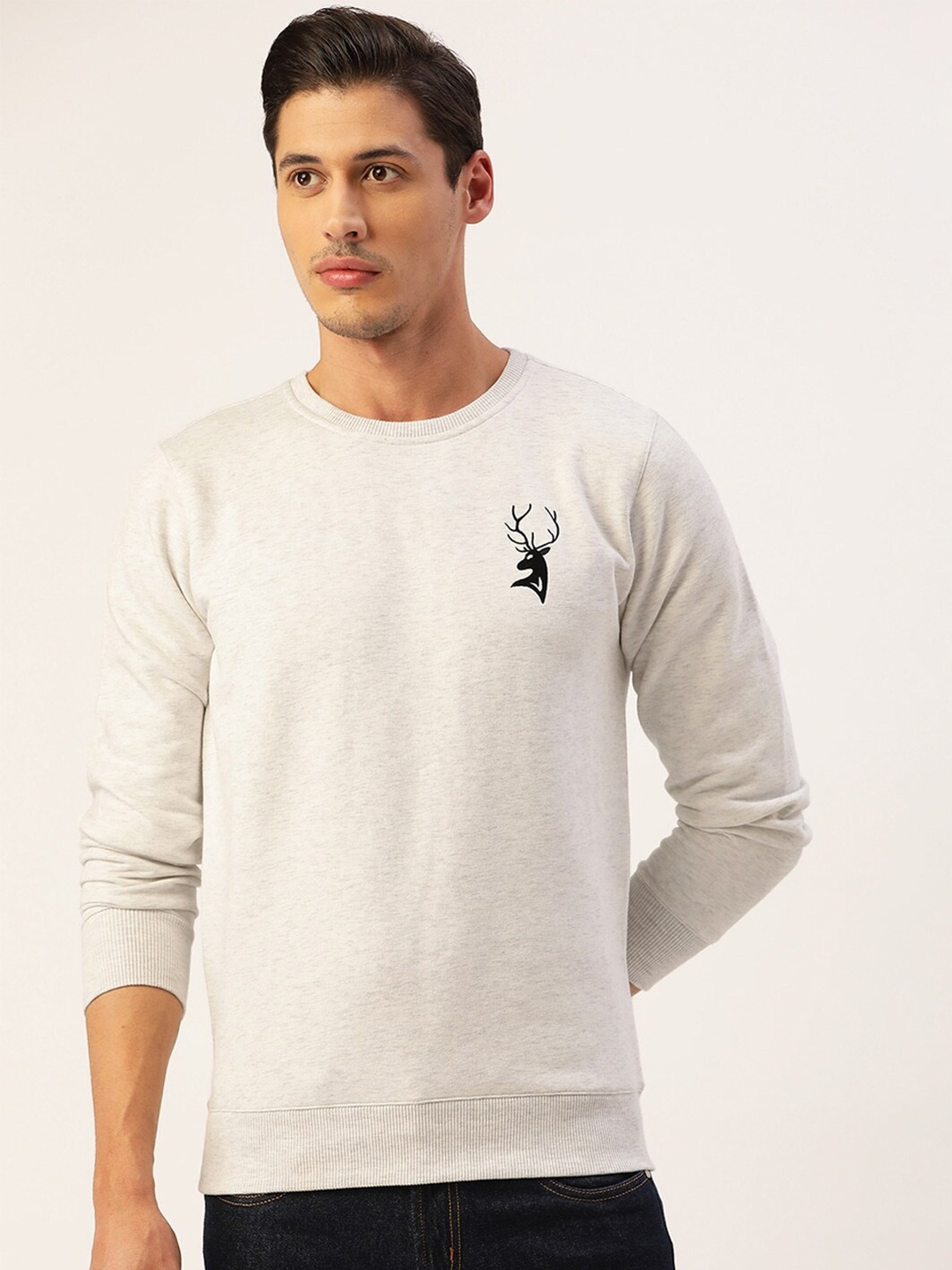 

PORTBLAIR Men Grey Melange Pure Cotton Solid Sweatshirt