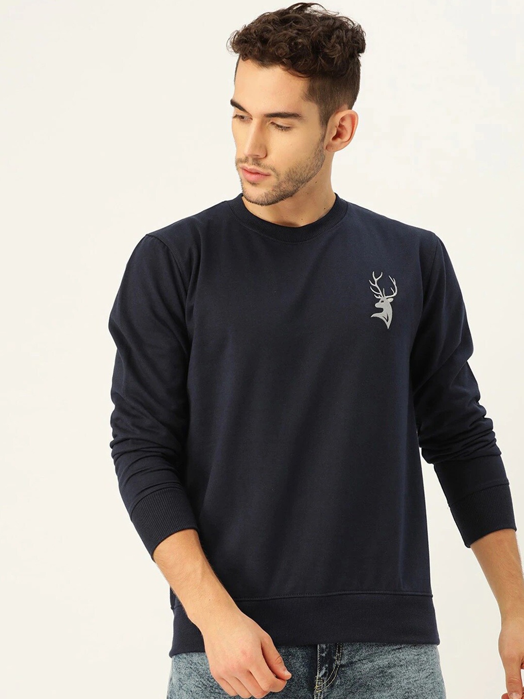 

PORTBLAIR Men Navy Blue Pure Cotton Solid Sweatshirt