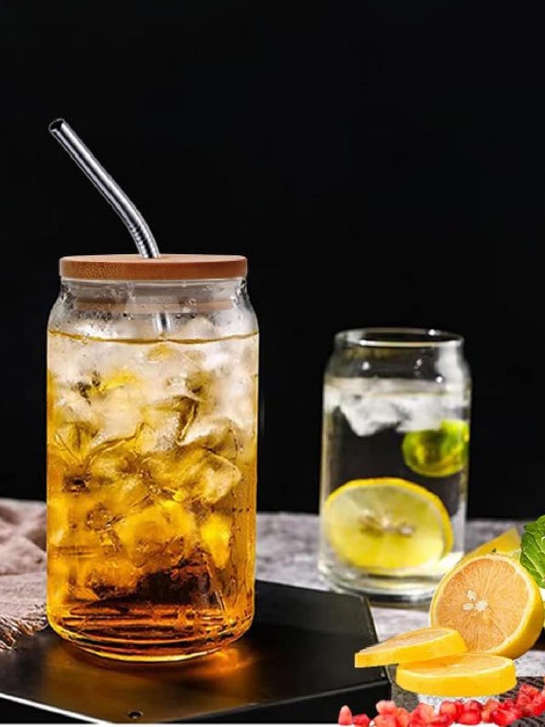 

Femora Transparent Set of 2 Glass Coffee Can with Wooden Lid and Glass Straw