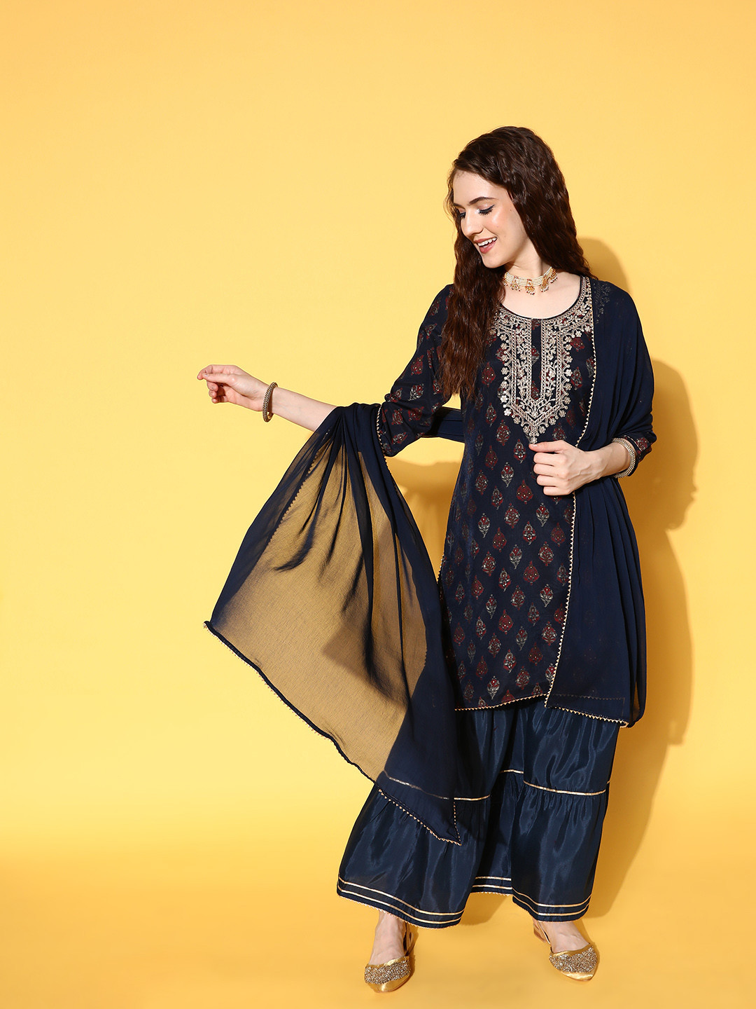 

Sunehri Women Navy Blue Ethnic Motifs Embroidered Kurta with Sharara & With Dupatta