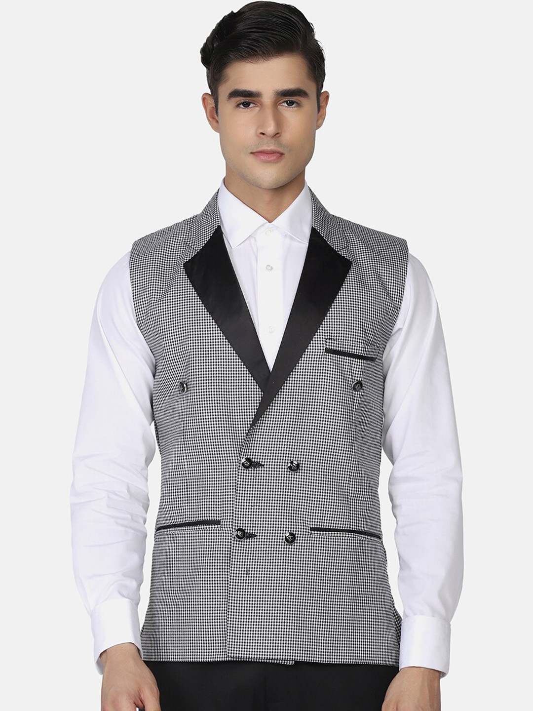 

TAHVO Men Black Checked Woven Nehru Jacket