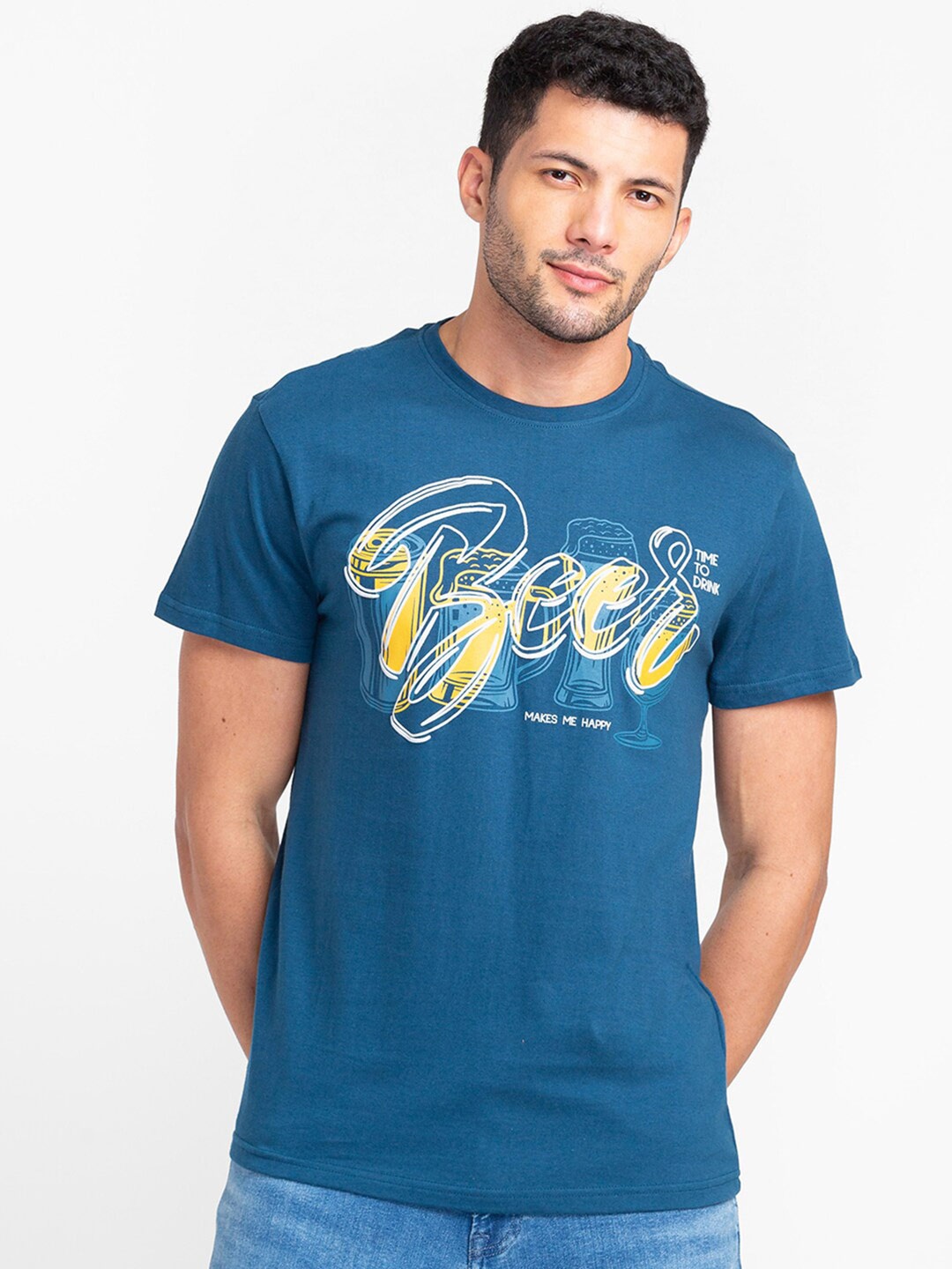 

Globus Men Teal Typography Printed Cotton T-shirt