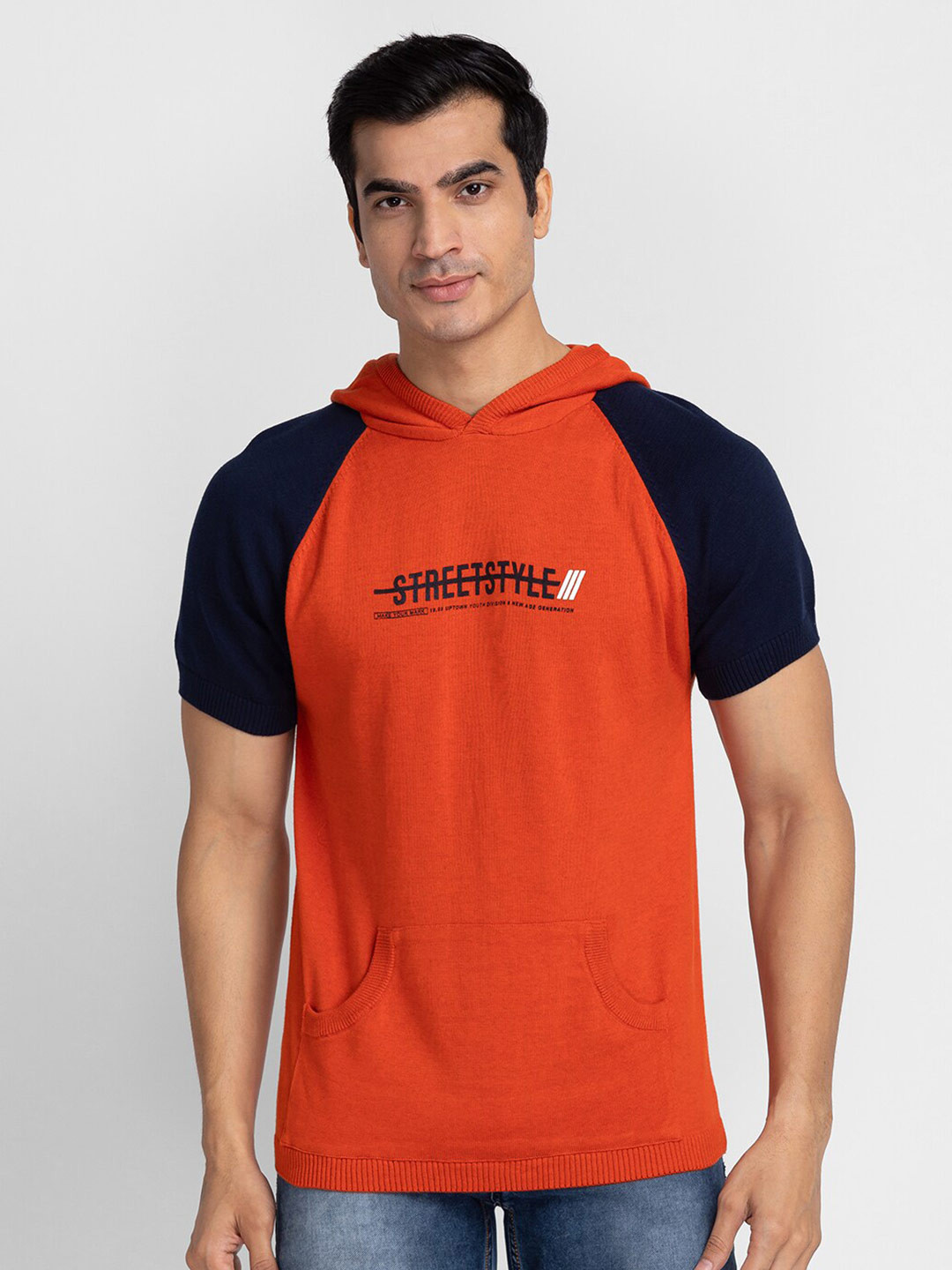 

Globus Men Orange Typography Cotton Hooded T-shirt