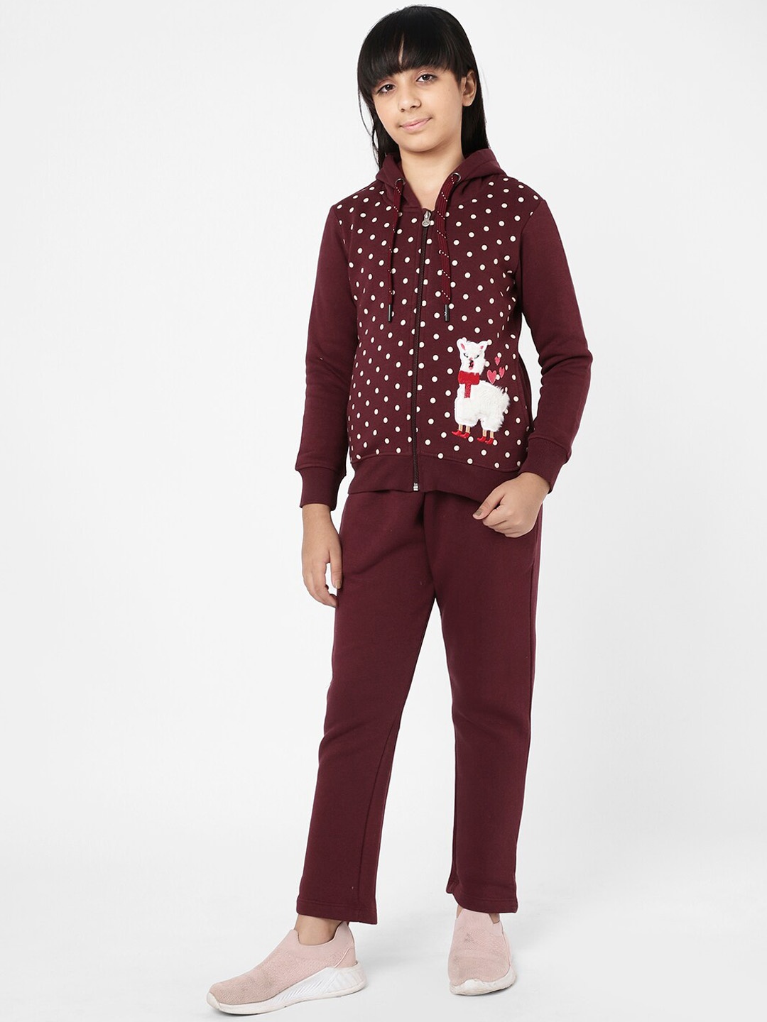 

Sweet Dreams Girls Burgundy Polka Dots Printed Tracksuit