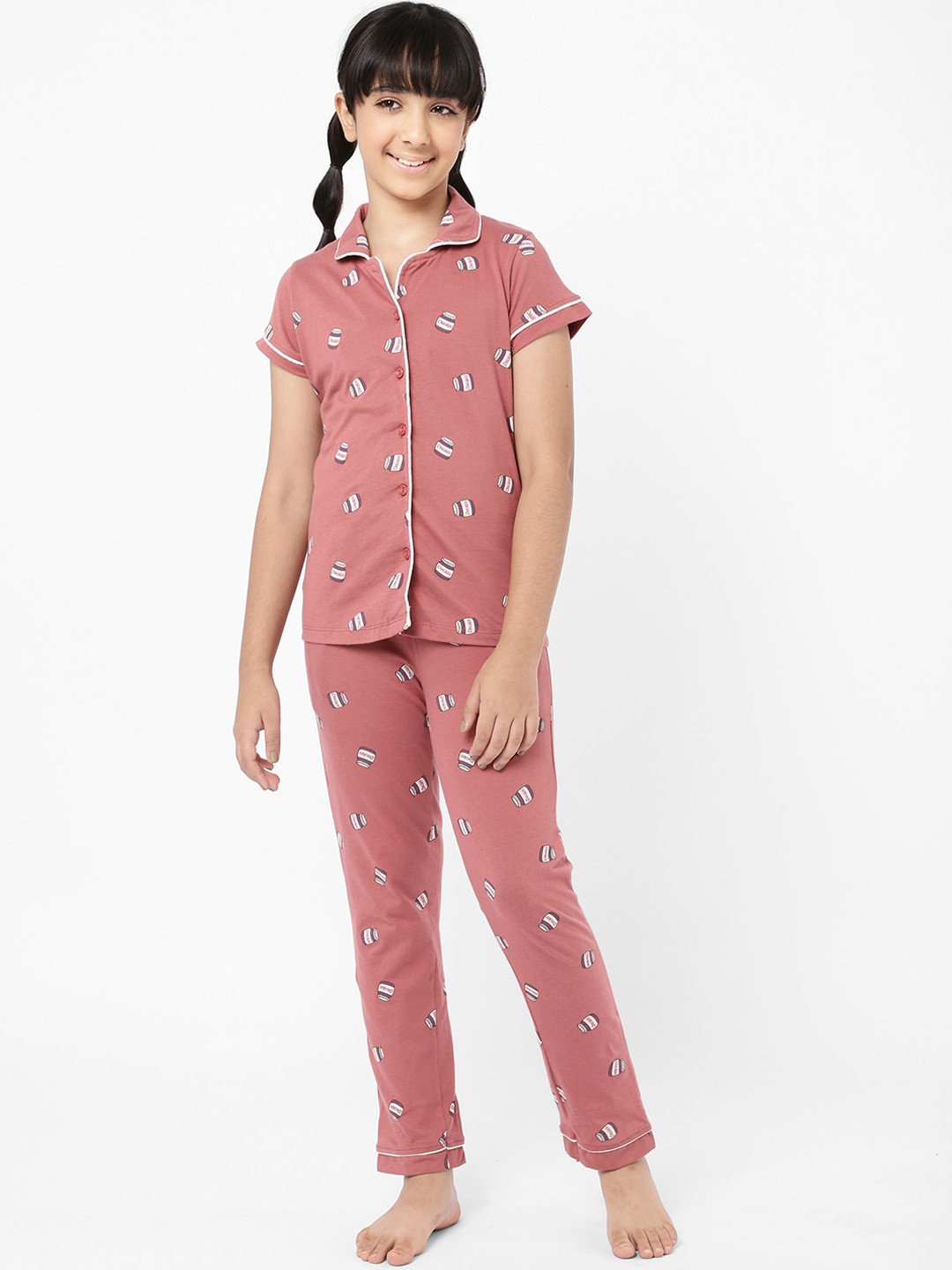 

Sweet Dreams Girls Rose & White Printed Pure Cotton Night suit