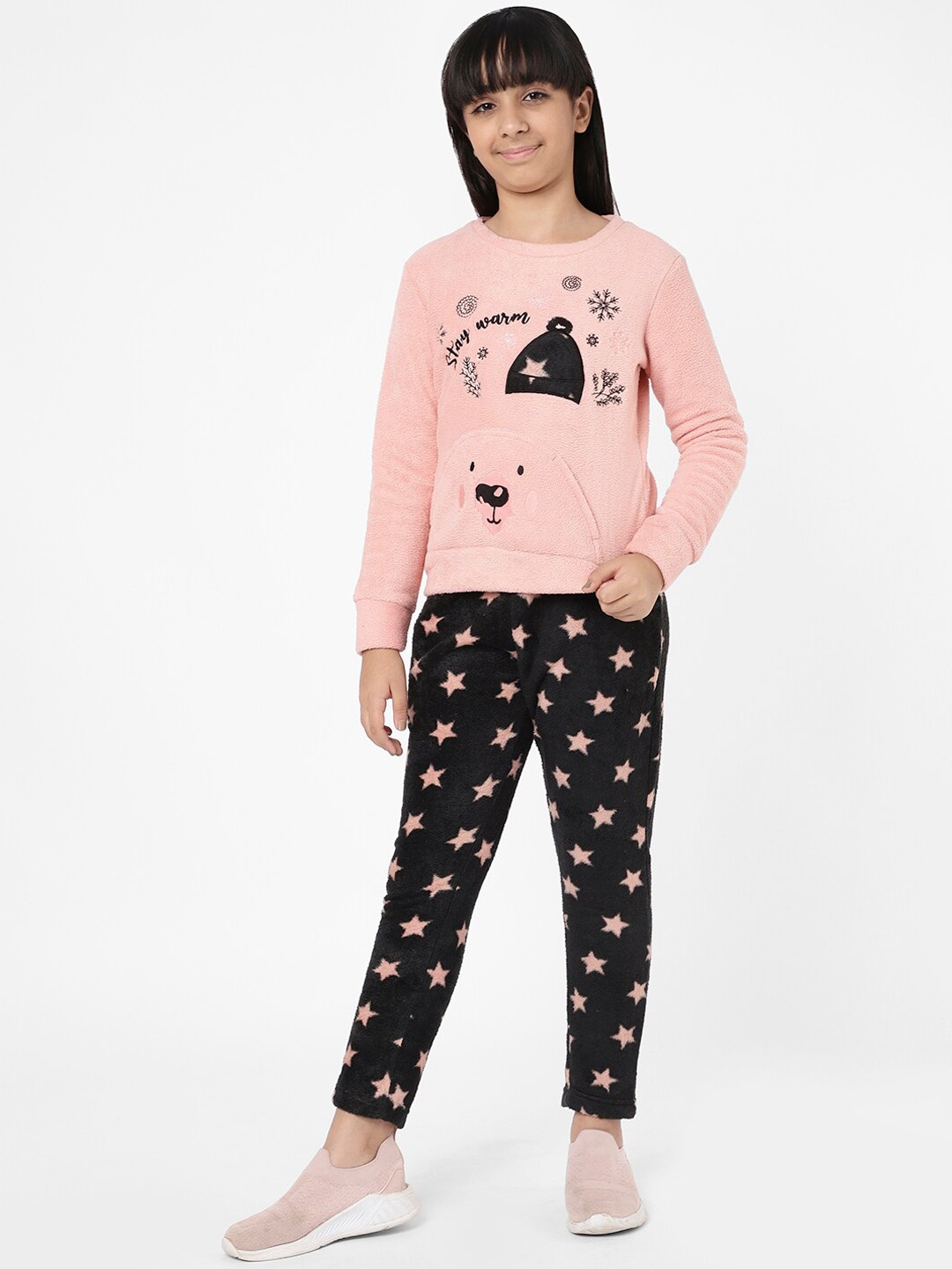 

Sweet Dreams Girls Peach-Colored & black Printed Fleece Tracksuit