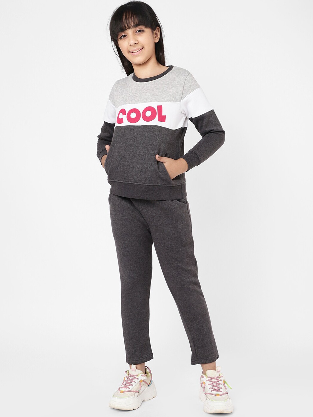 

Sweet Dreams Girls Charcoal Colourblocked Cotton Tracksuit