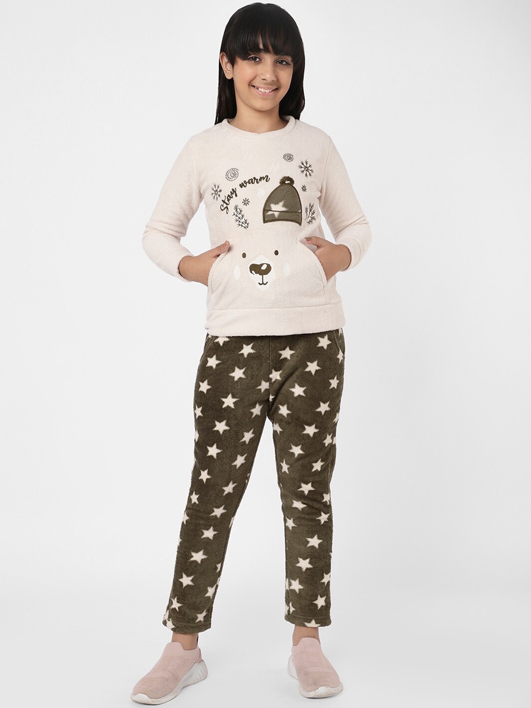 

Sweet Dreams Girls Off White and Brown Fleece Printed Tracksuit