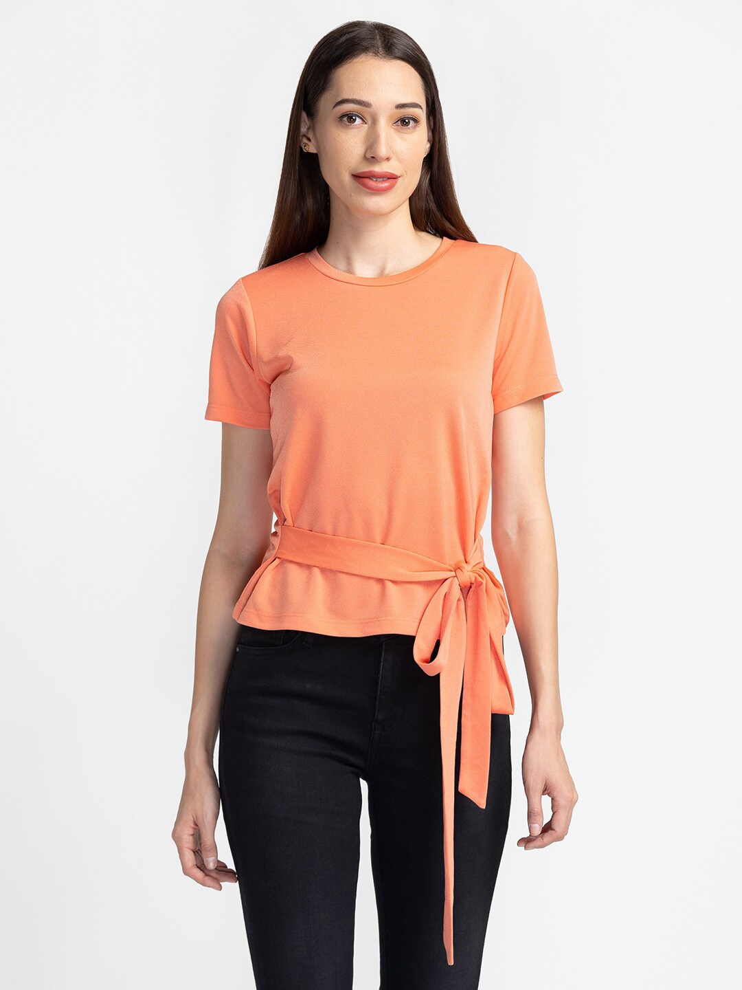 

Globus Women Orange Chambray Cinched Waist Top