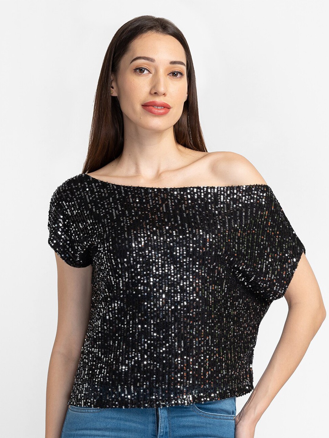

Globus Women Black Embellished One Shoulder Net Bardot Top