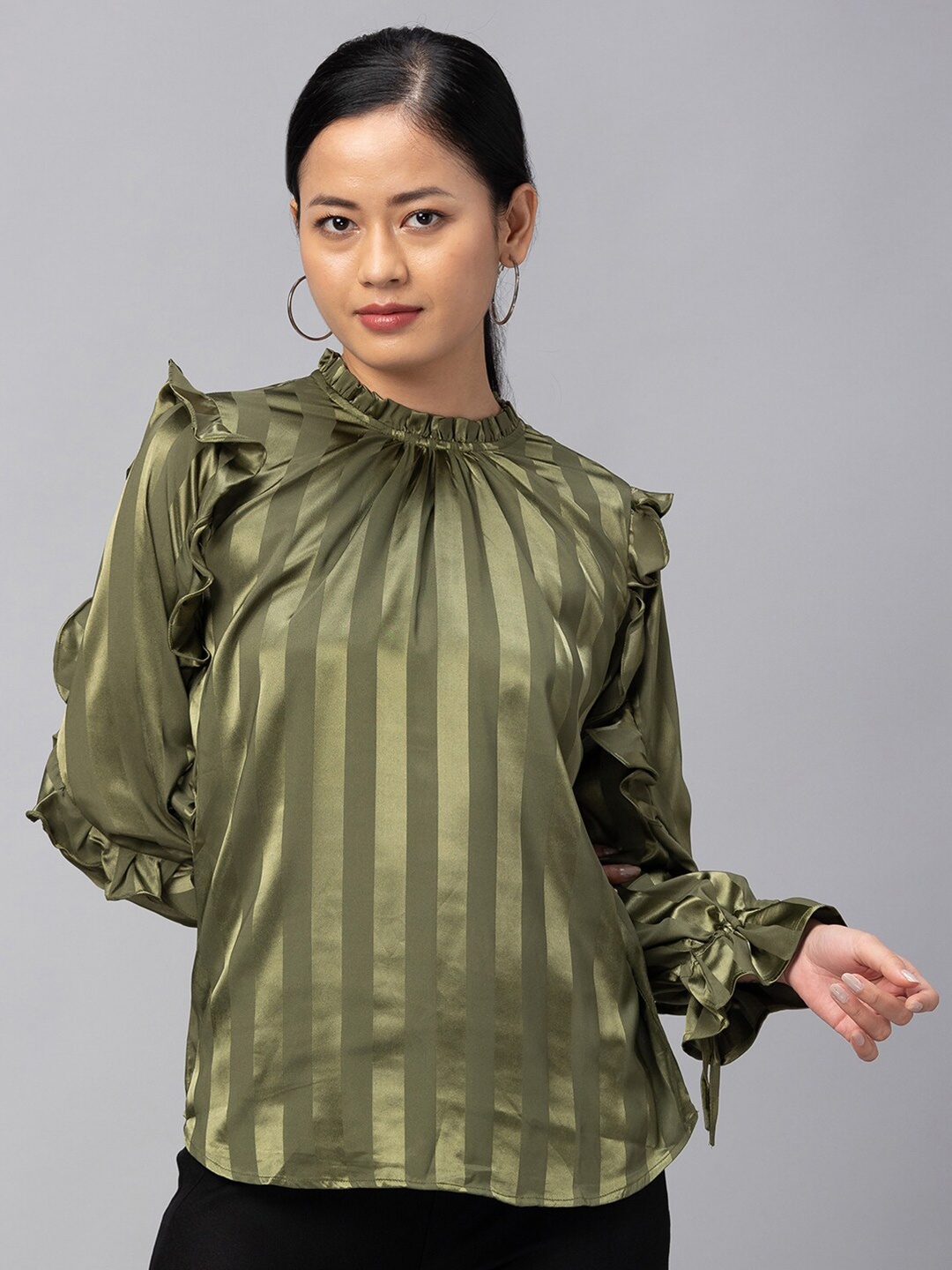 

Globus Women Olive Green Striped Ruffles Top