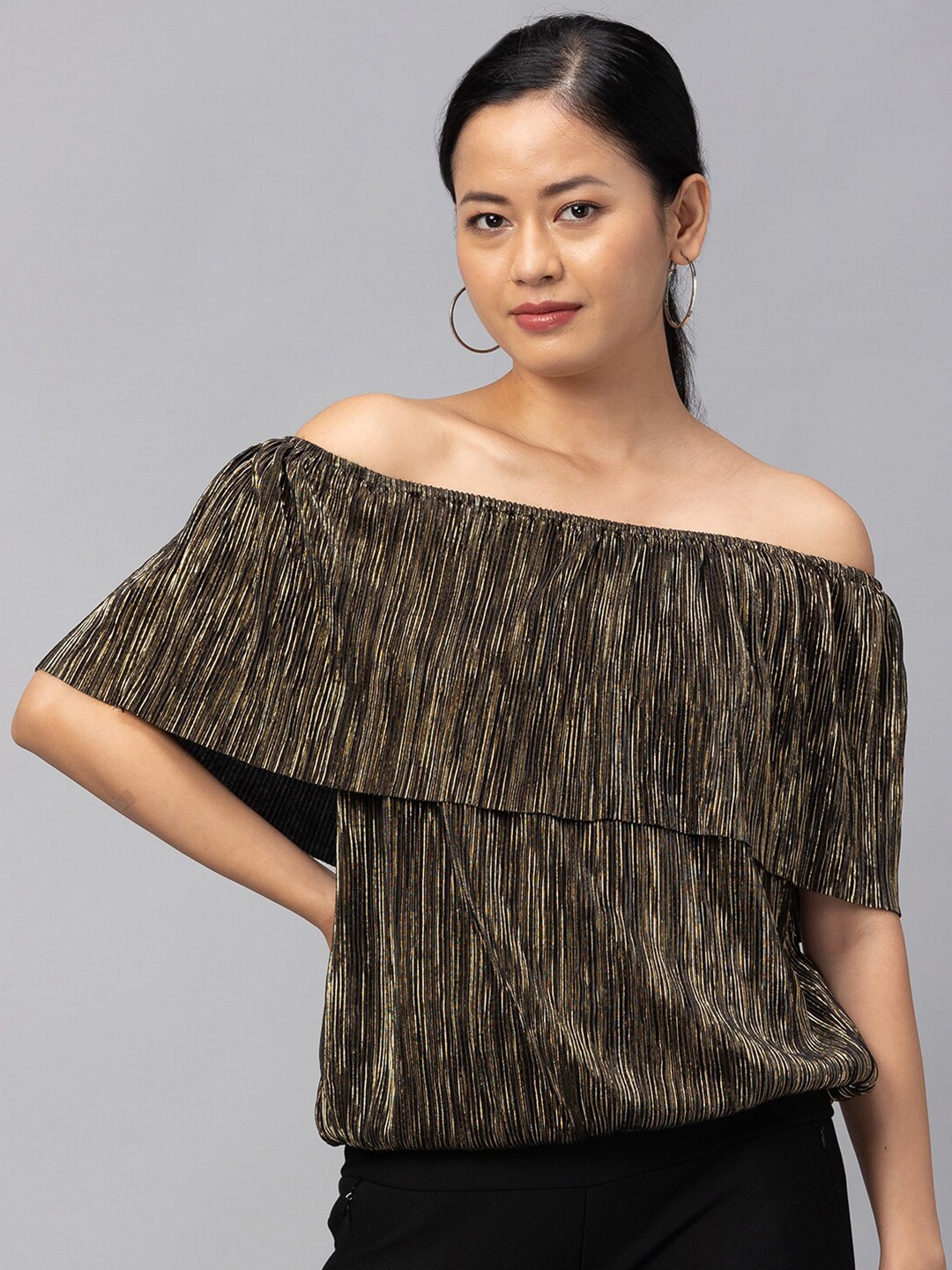 

Globus Gold-Toned & Brown Print Off-Shoulder Chiffon Bardot Top