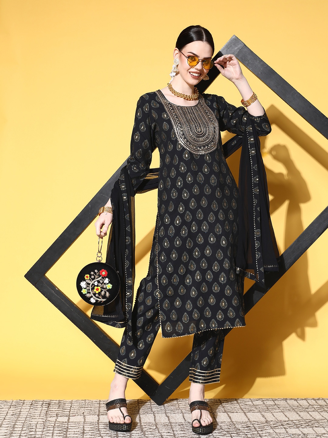 

Sunehri Women Navy Blue Floral Embroidered Sequinned Kurta with Trousers & With Dupatta