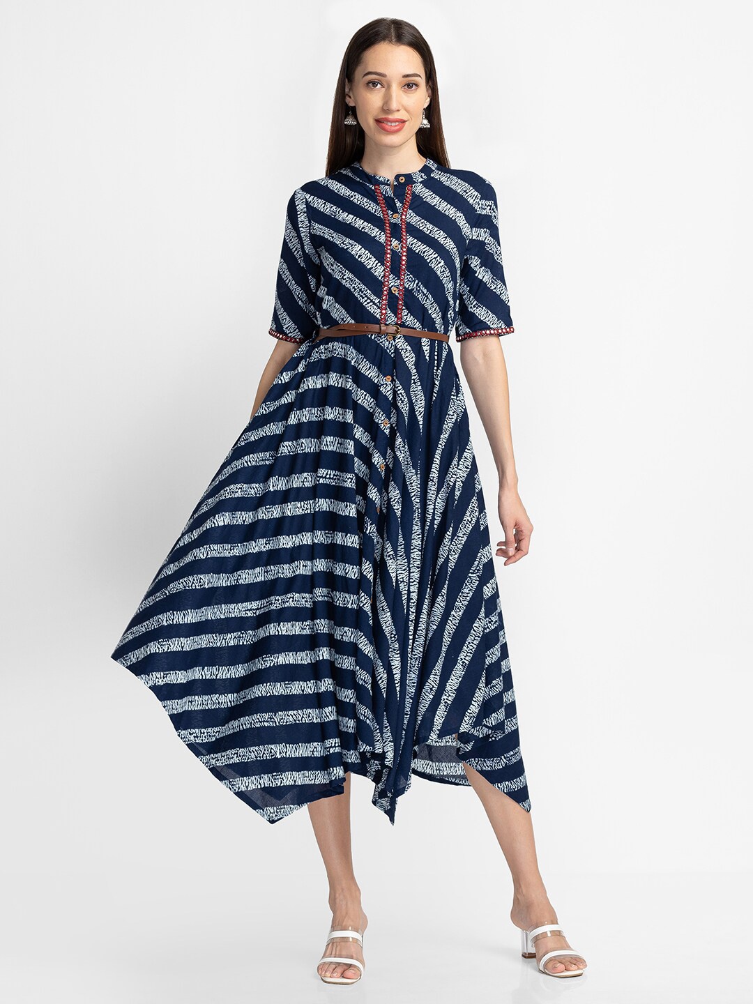 

Globus Band Collar Striped Asymmetric Hem Belted A-Line Midi Ethnic Dress, Navy blue