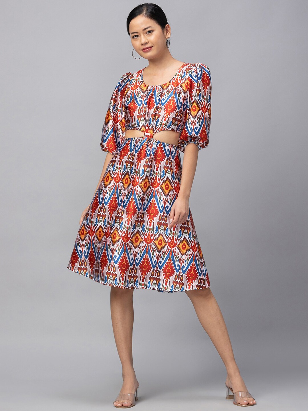 

Globus Multicoloured Ethnic Motifs Tie-Up Neck Satin A-Line Dress, Multi