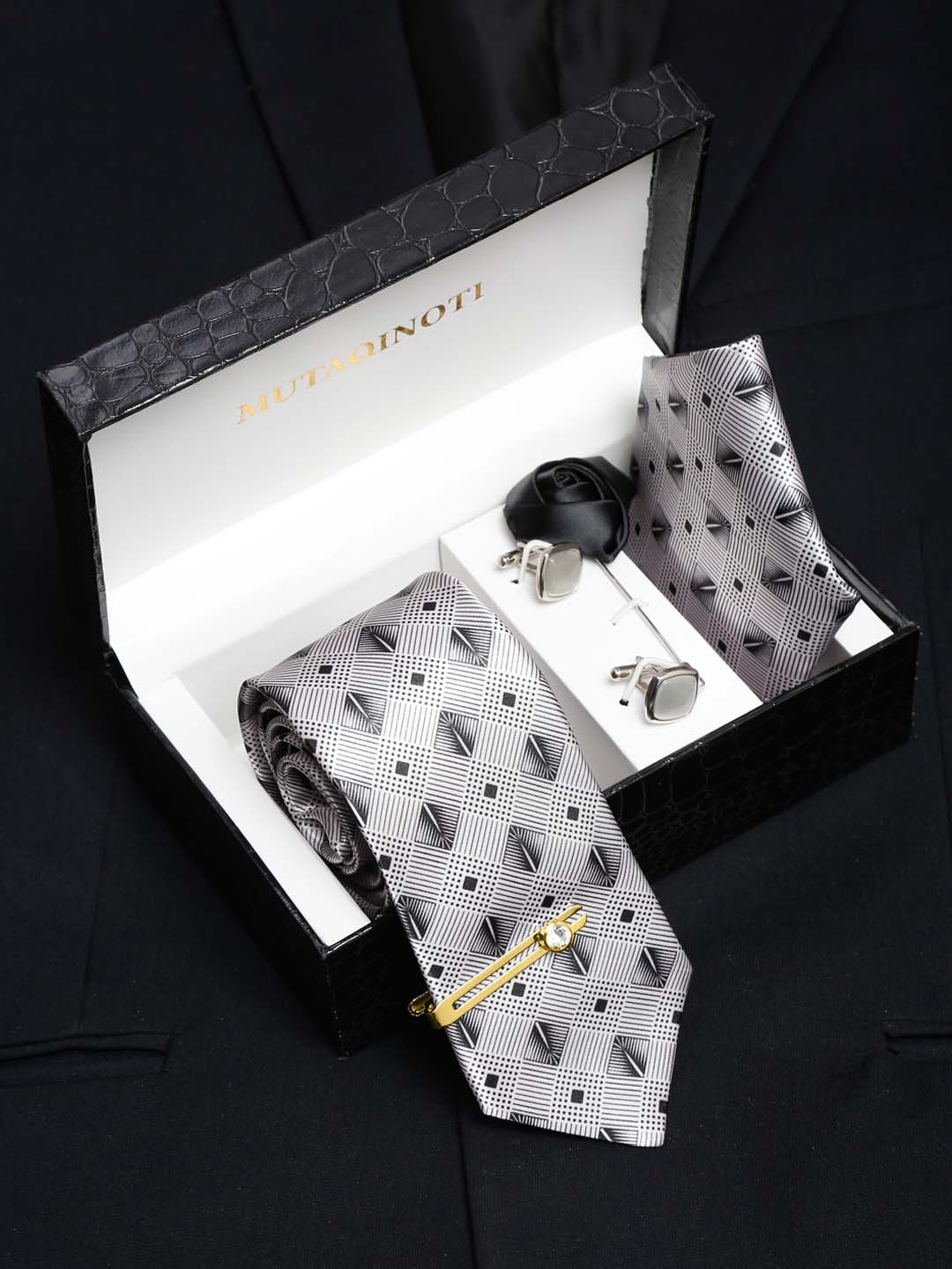 

MUTAQINOTI Men Silk Blend Necktie Accessory Gift Set, Grey