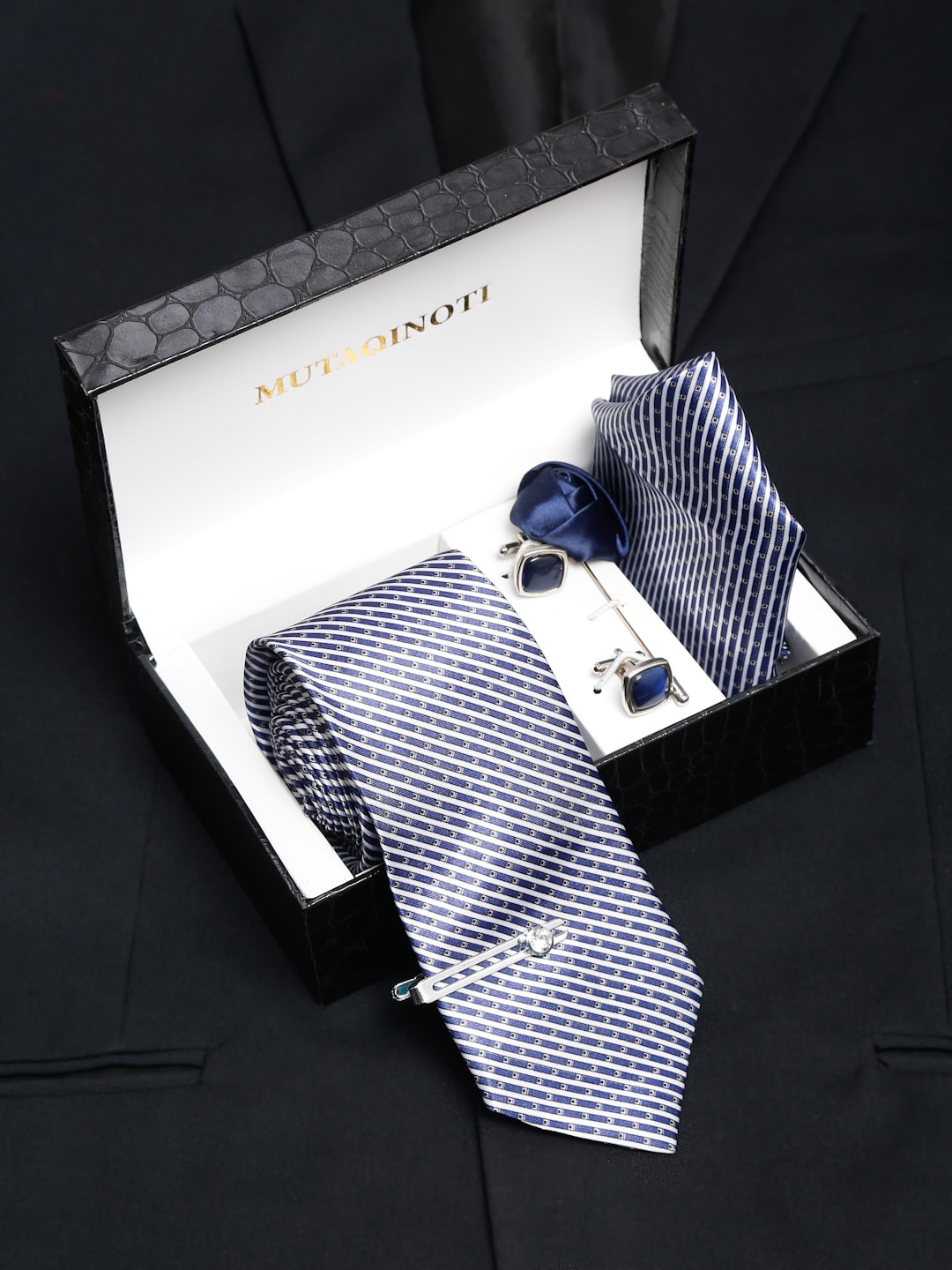 

MUTAQINOTI Men Dotted Stripes Blue Silk Blend Necktie Accessory Gift Set