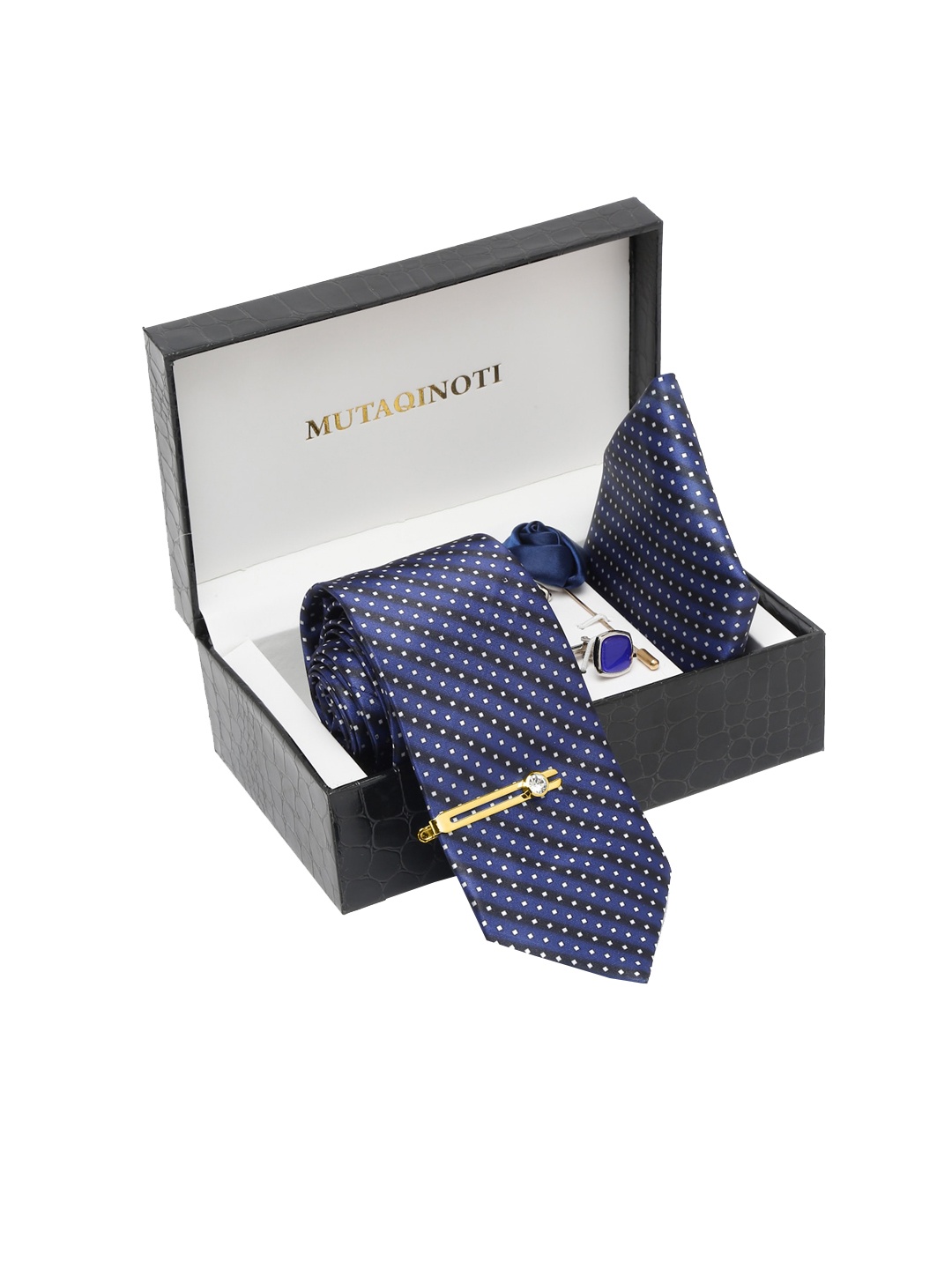 

MUTAQINOTI Men Contrast Blue Silk Blend Necktie Accessory Gift Set