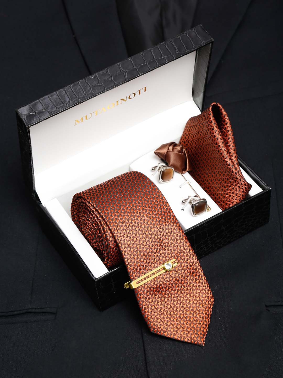 MUTAQINOTI Men Floral Silk Necktie Accessory Gift Set, Brown
