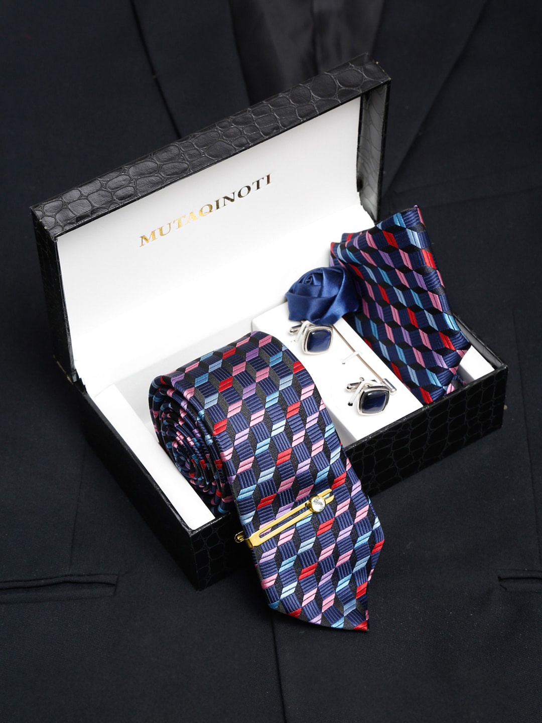 

MUTAQINOTI Men Silk Necktie Accessory Gift Set, Blue