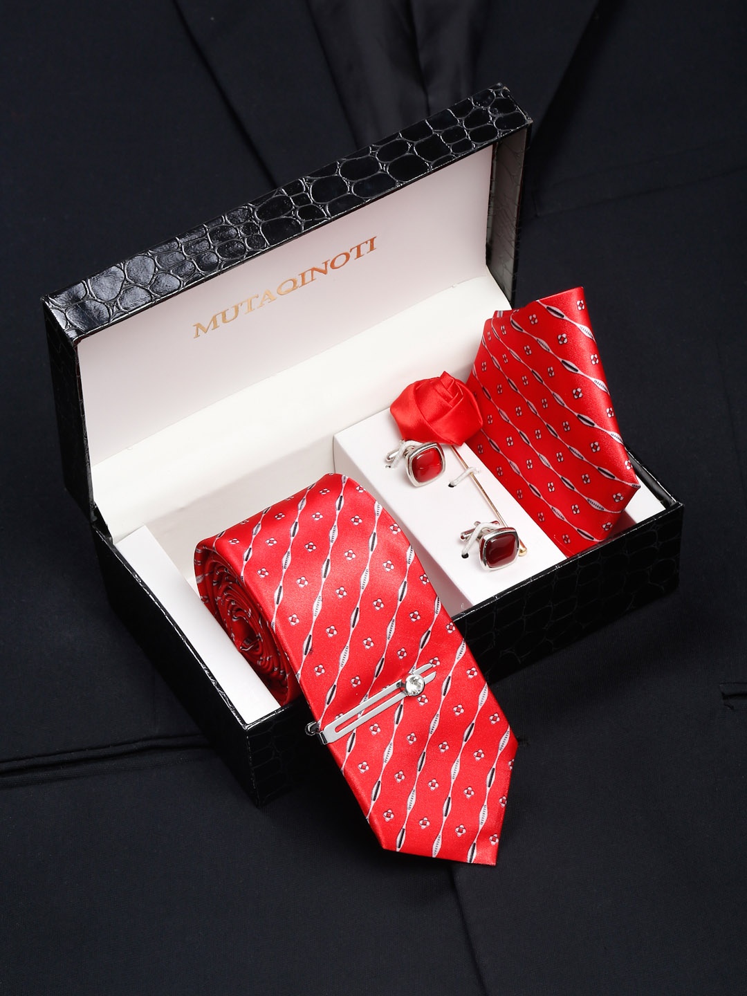 

MUTAQINOTI Men Silk Blend Necktie Accessory Gift Set, Red