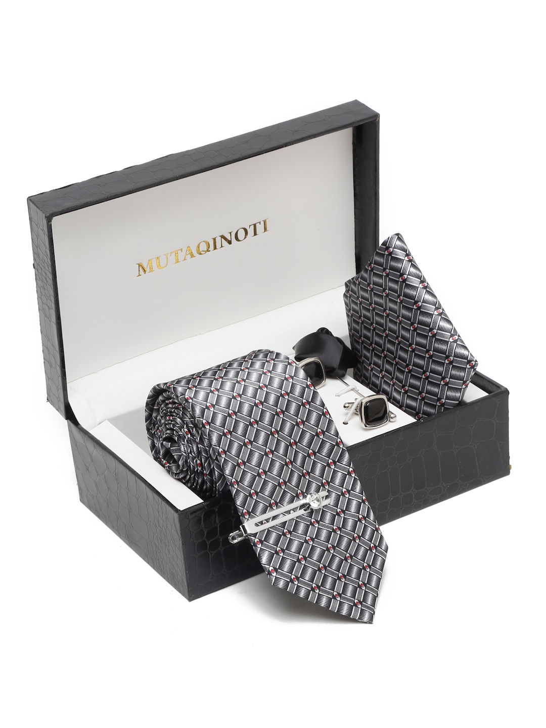 

MUTAQINOTI Men Printed Formal Necktie Accessory Gift Set, Black