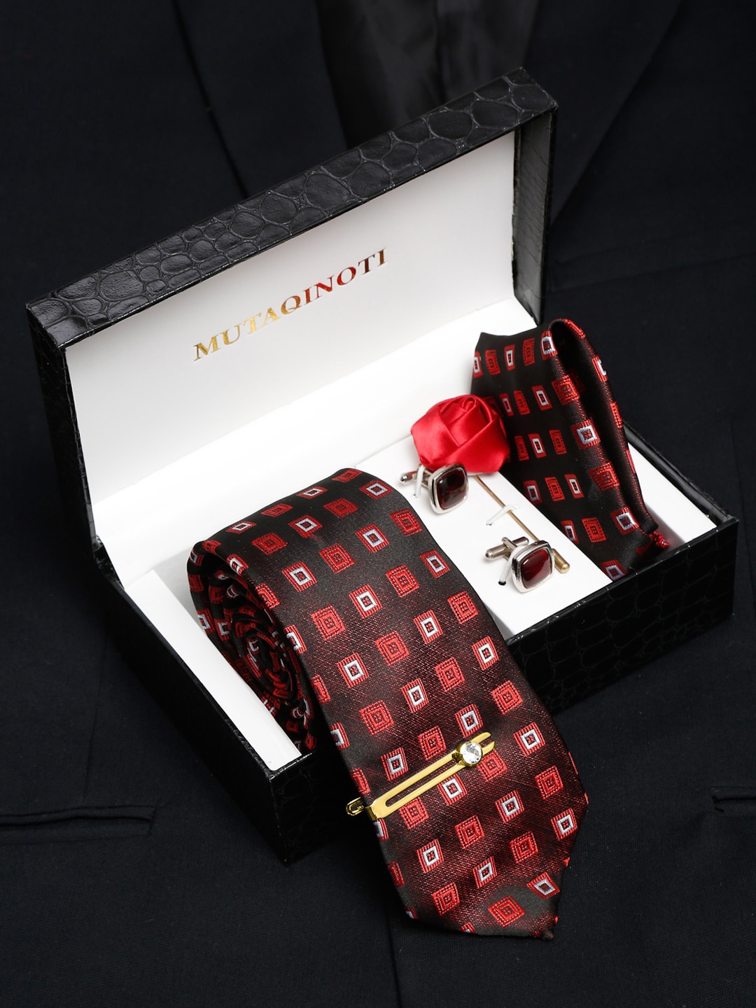 

MUTAQINOTI Men Square Brown Silk Necktie Accessory Gift Set