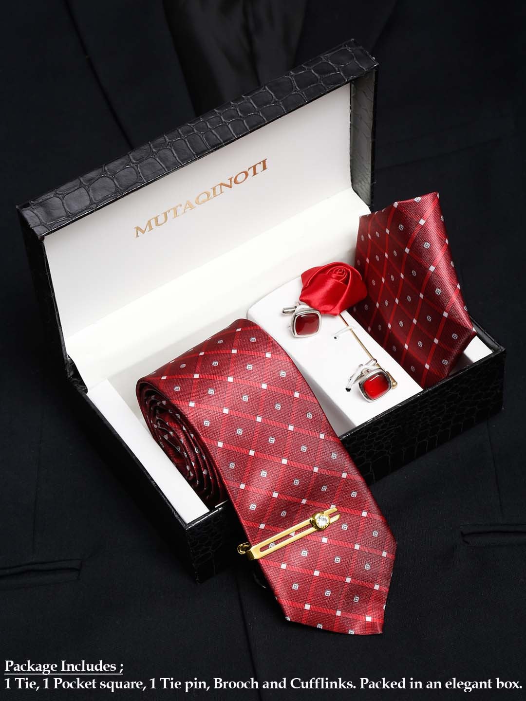 

MUTAQINOTI Men Checked Formal Accessory Gift set, Red