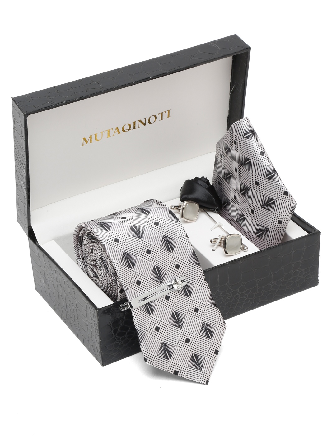 

MUTAQINOTI Men Printed Necktie Accessory Gift Set, Grey