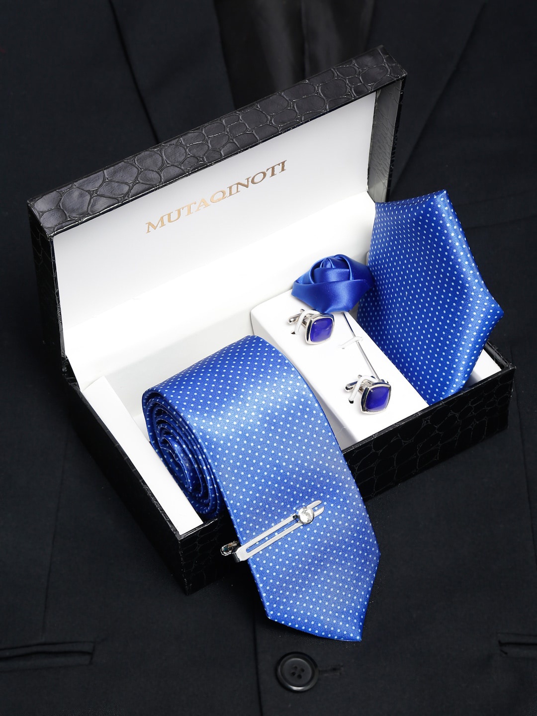 MUTAQINOTI Men Polka Dot Necktie Accessory Gift Set, Blue