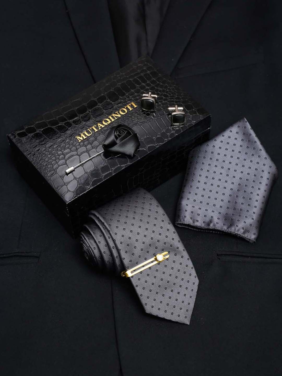 

MUTAQINOTI Men Formal Necktie Gift Set, Grey