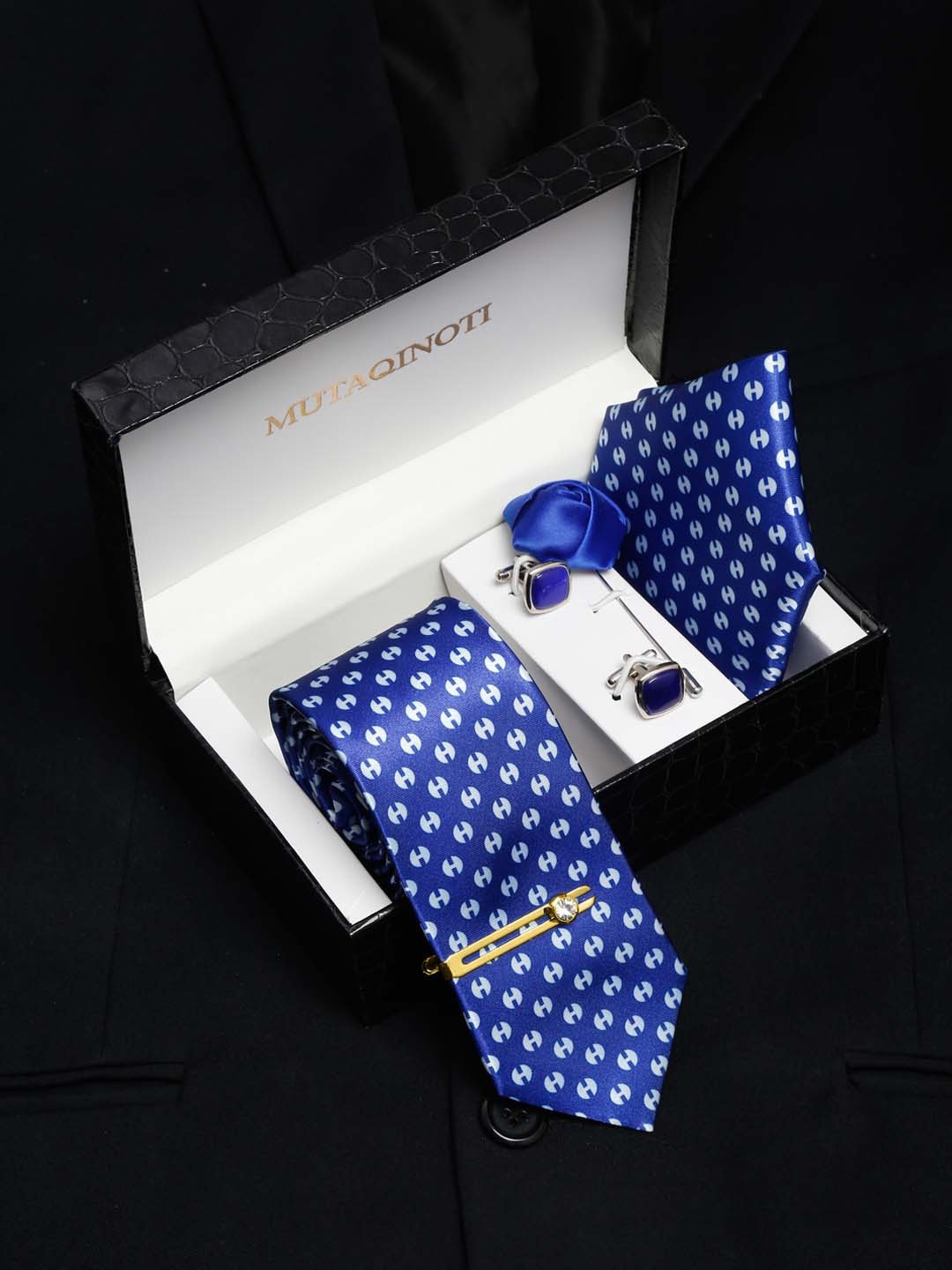 MUTAQINOTI Men Silk Necktie Accessory Gift Set, Blue