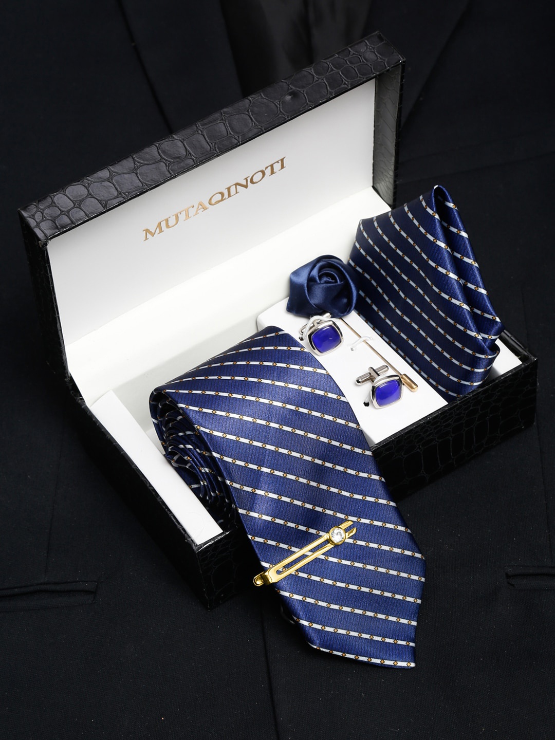 

MUTAQINOTI Men Striped & Geometric Print Silk Blend Necktie Accessory Gift Set, Blue