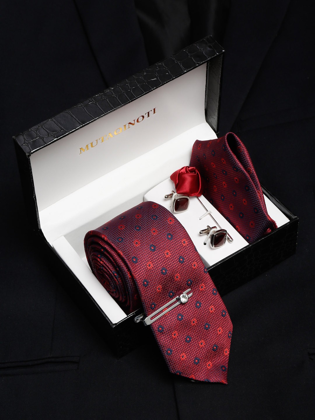 

MUTAQINOTI Men Silk Necktie Accessory Gift Set, Red