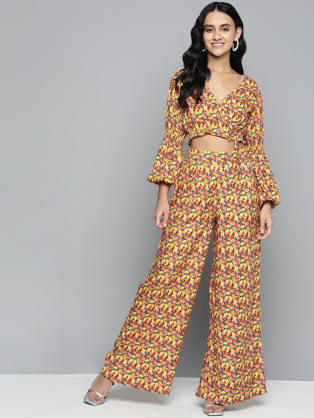 

HERE&NOW Floral Printed Puff Sleeves Co-Ord Set, Yellow