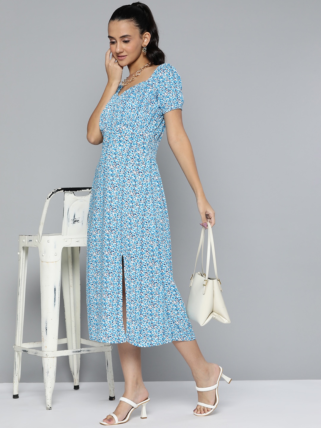 

HERE&NOW Floral Print A-Line Side Slit Midi Dress, Blue