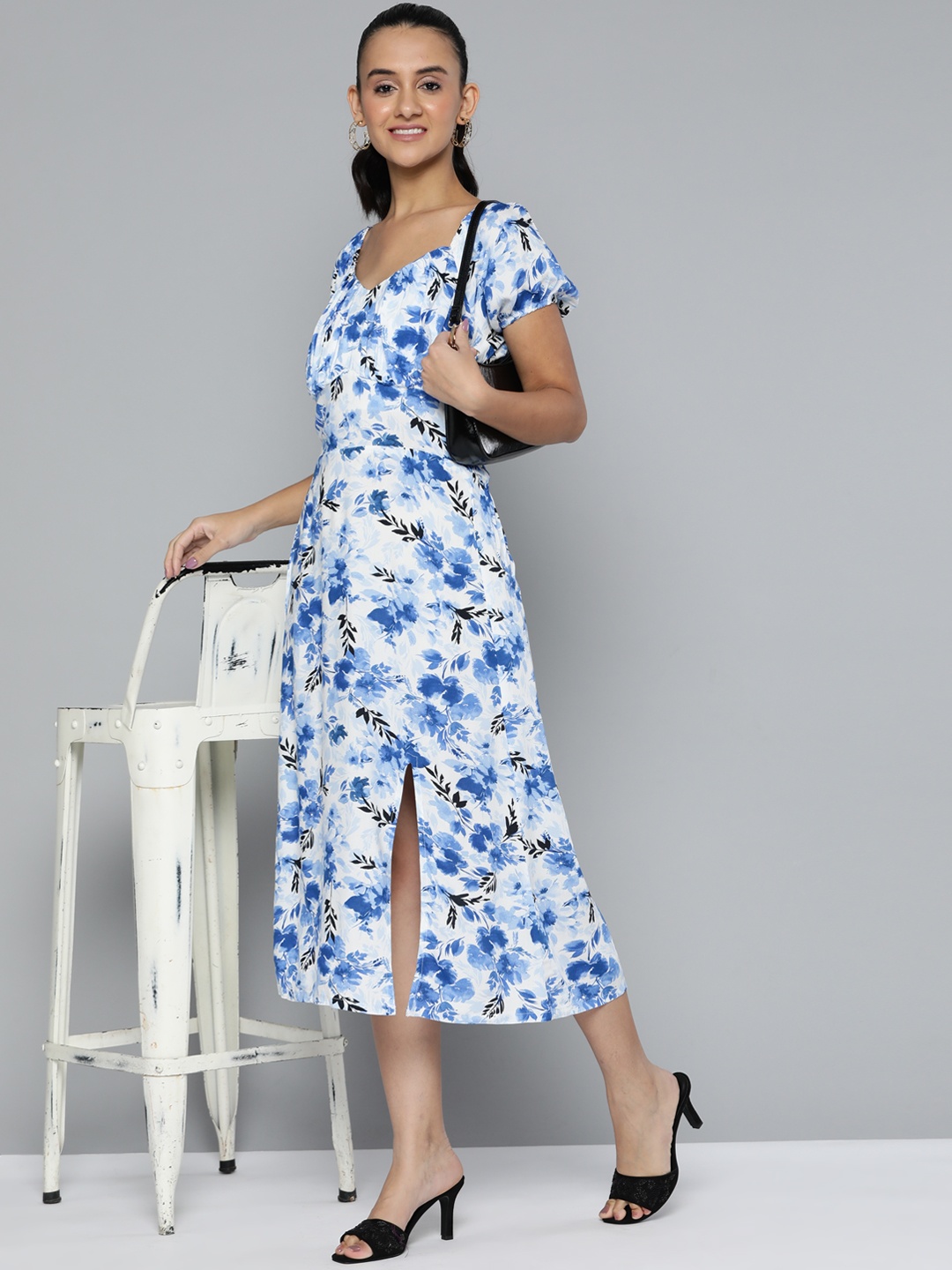 

HERE&NOW Floral Print A-Line Side Slit Midi Dress, White