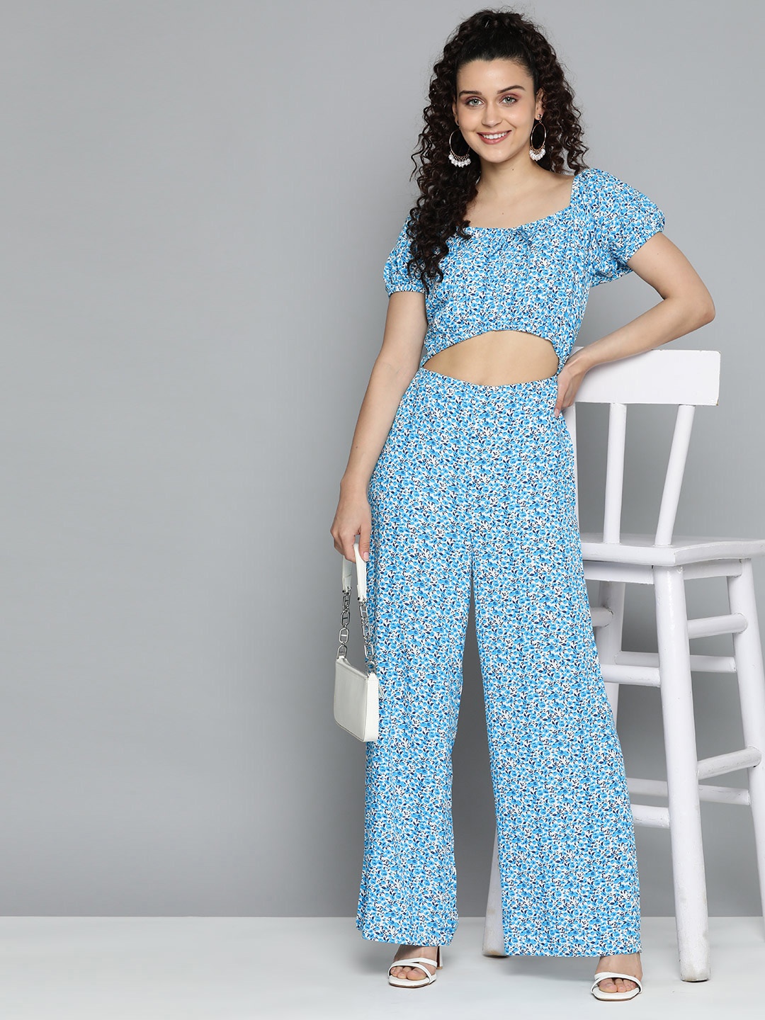 

HERE&NOW Floral Printed Square Neck Cut-Out Detail Jumpsuit, Blue