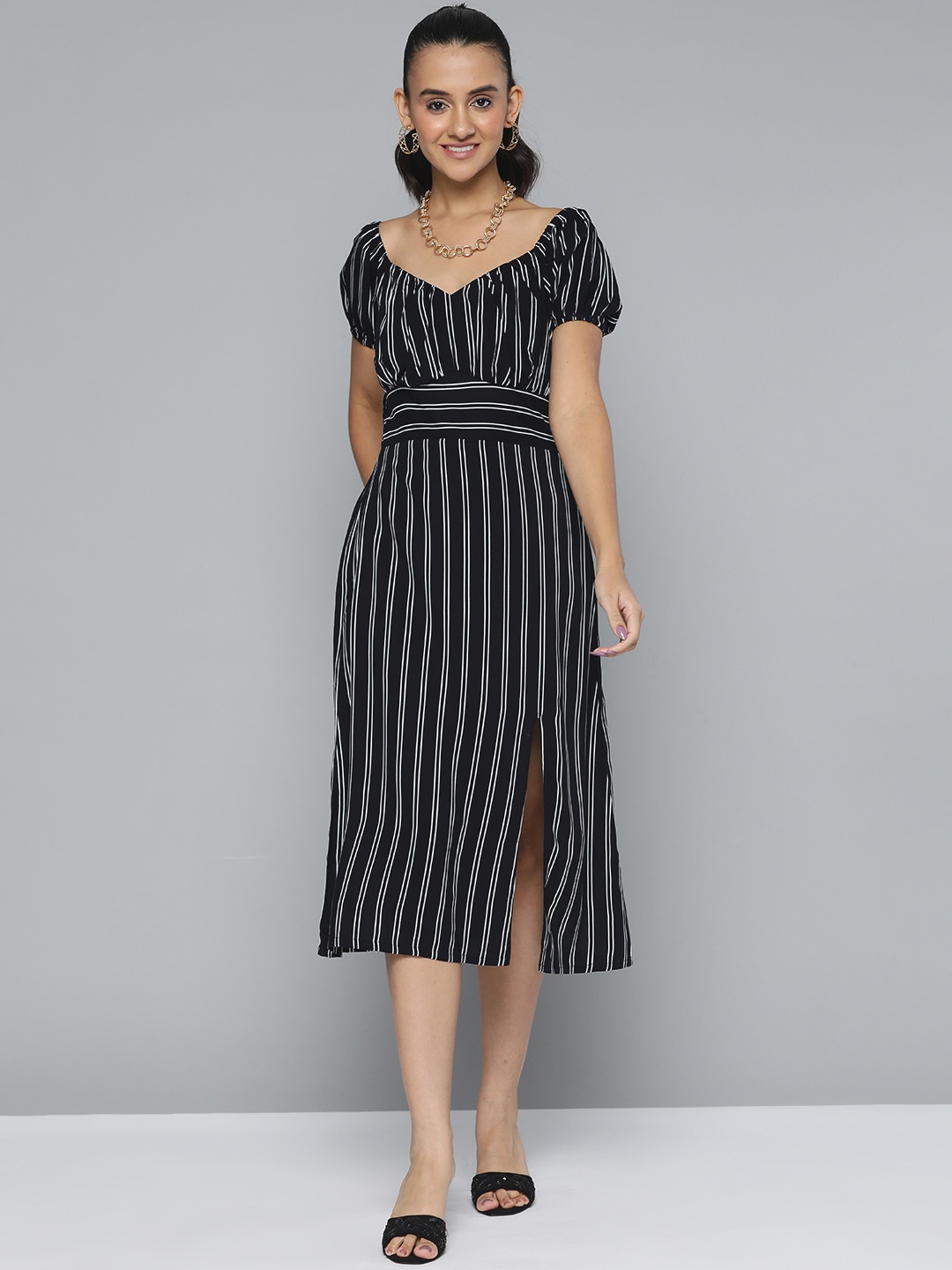 

HERE&NOW Striped A-Line Side Slit Midi Dress, Black