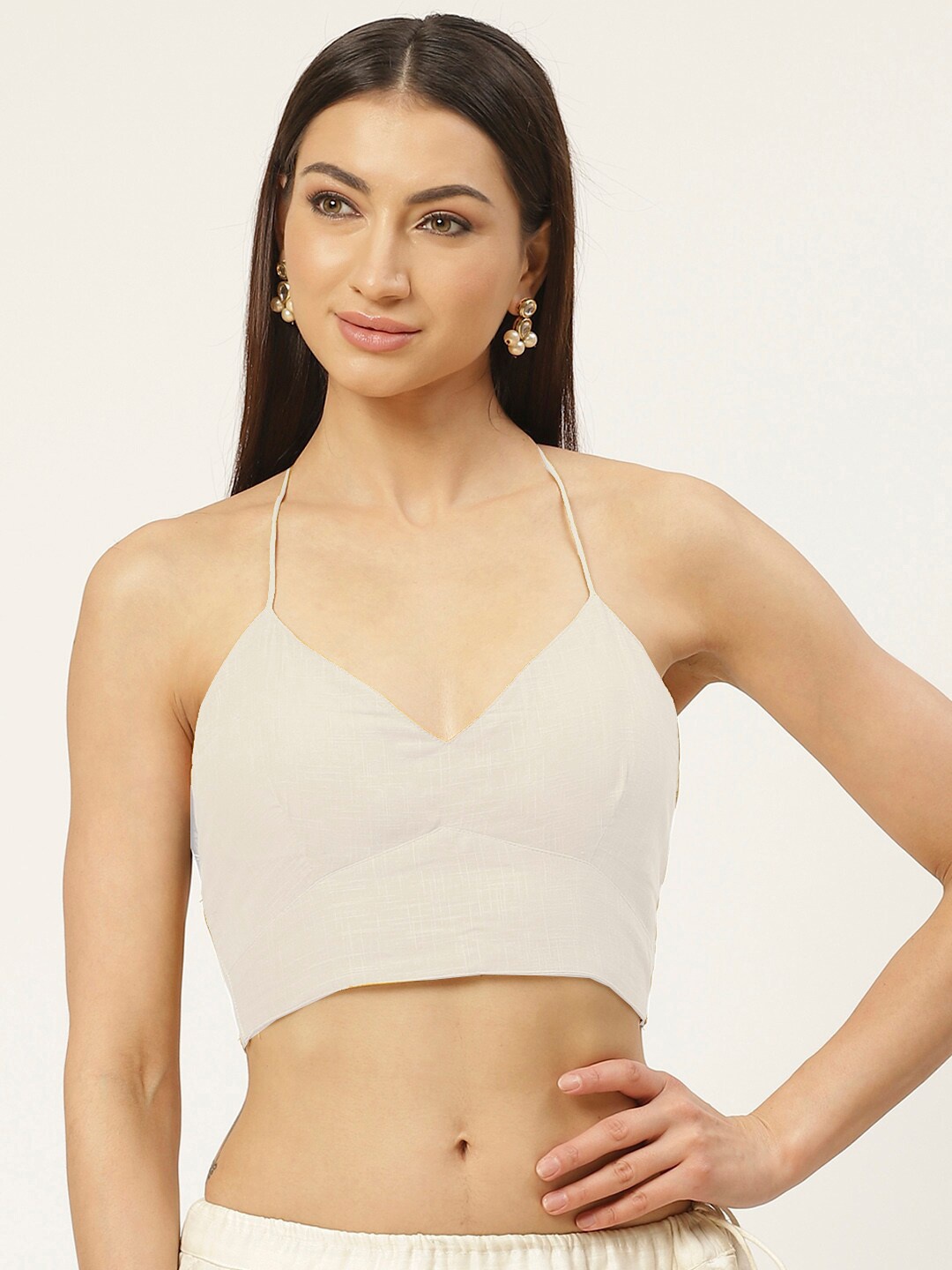 

Molcha Off White Solid Pure Cotton Saree Blouse