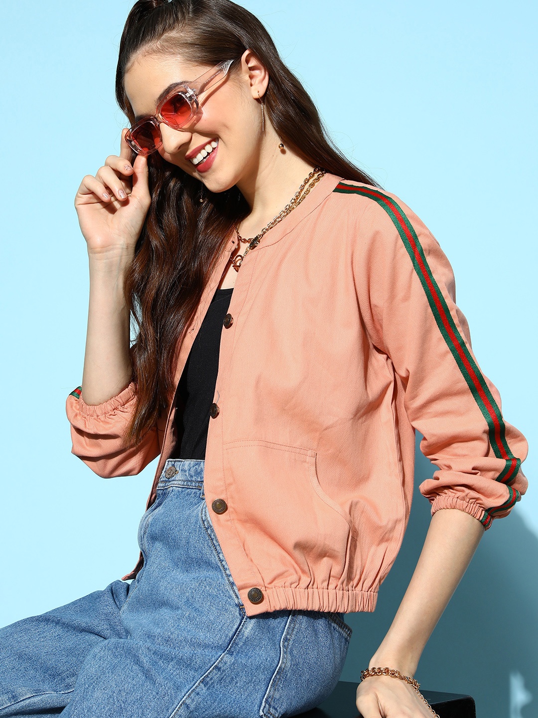 

SASSAFRAS Women Pink Solid Bomber Jacket