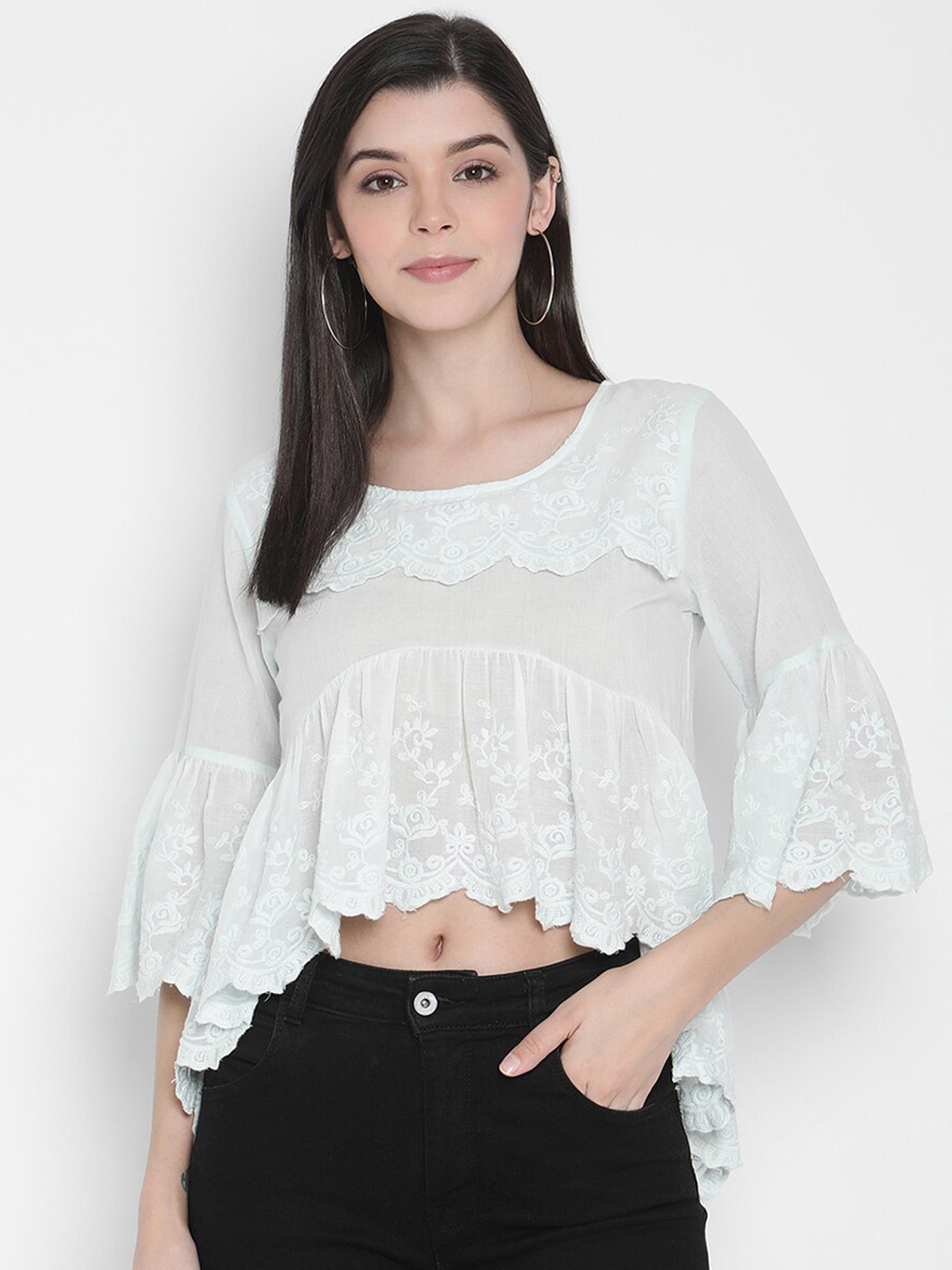 

Porsorte Blue Floral Embroidered Schiffli High-Low Cotton Crop Top