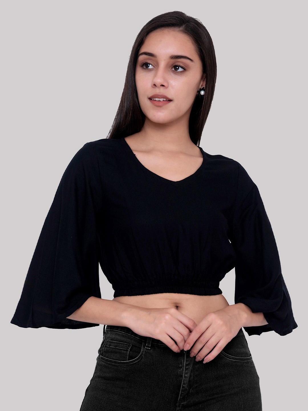 

PURSHOTTAM WALA Women Black Bardot Crop Top