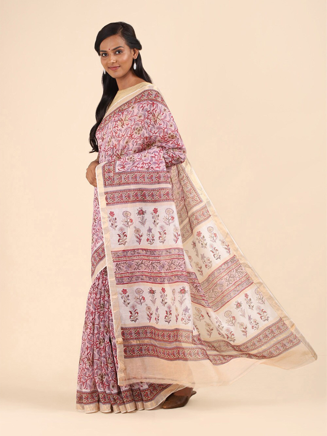 

Taneira Pink & Beige Floral Zari Silk Cotton Saree